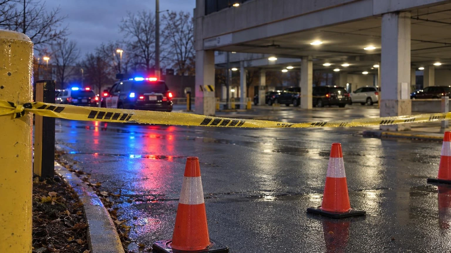 Yellow police tape across a parking lot entrance at dusk, with red and blue emergency lights glowing in the background.