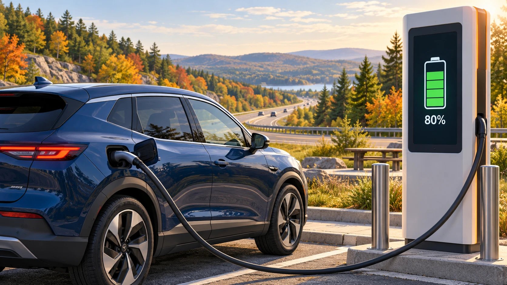 An electric vehicle charges at a highway rest stop, illustrating how shorter charging sessions can help keep road trips moving. AI-generated illustration.