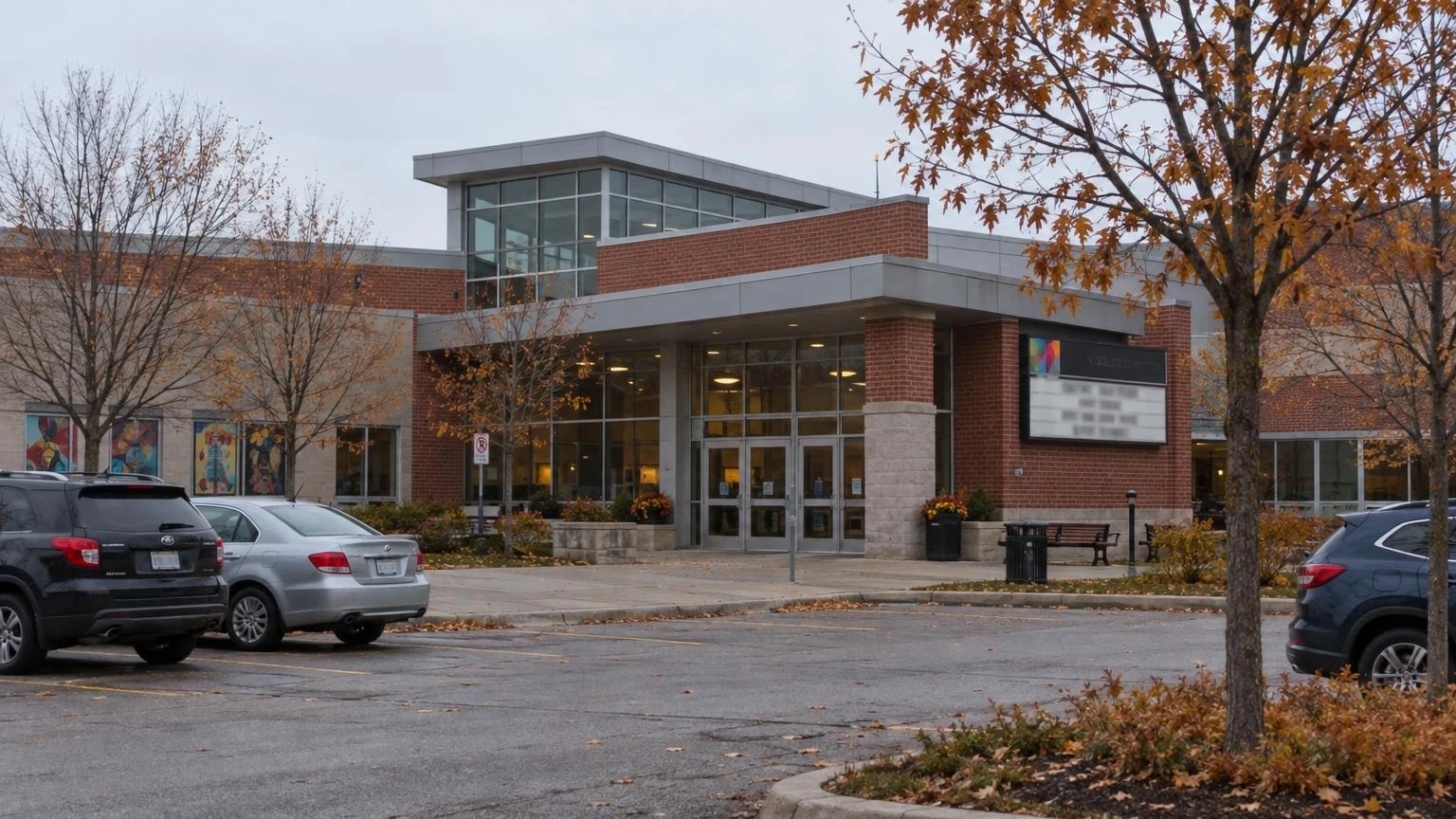 A suburban community arts centre with autumn trees and parked cars out front, the type of venue hosting the Durham film summit.