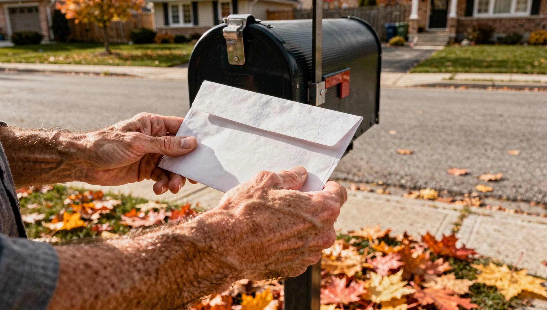 A close-up shot of a white envelope and official-looking mail being held near a residential mailbox in a Canadian suburb during autumn.