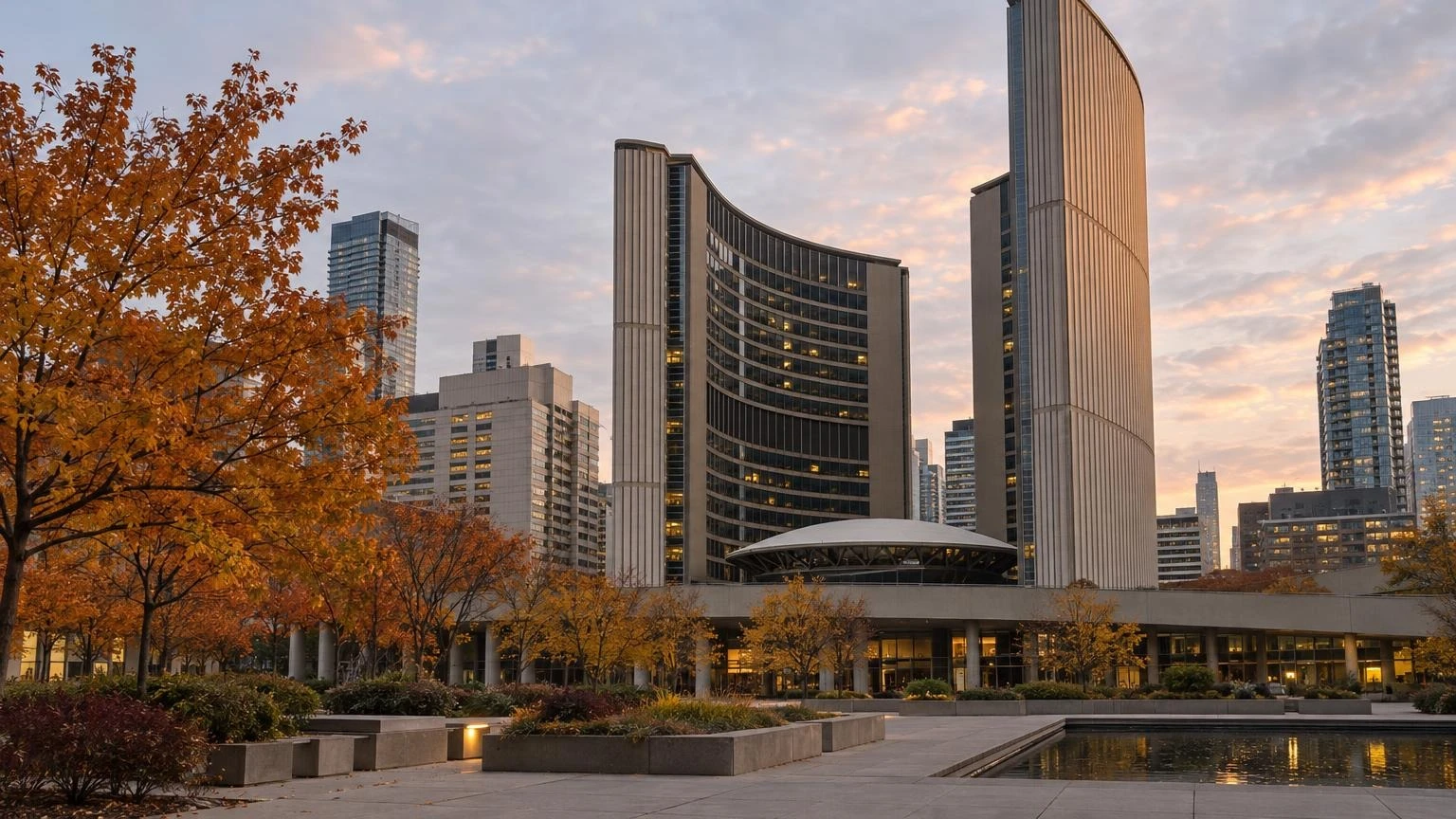 An exterior view of Toronto City Hall at dusk with autumn leaves on the ground.