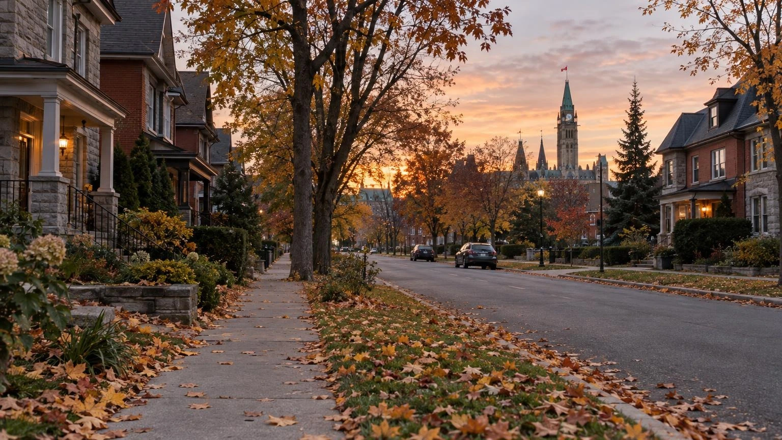 An empty residential sidewalk in Ottawa at dusk with soft evening light.