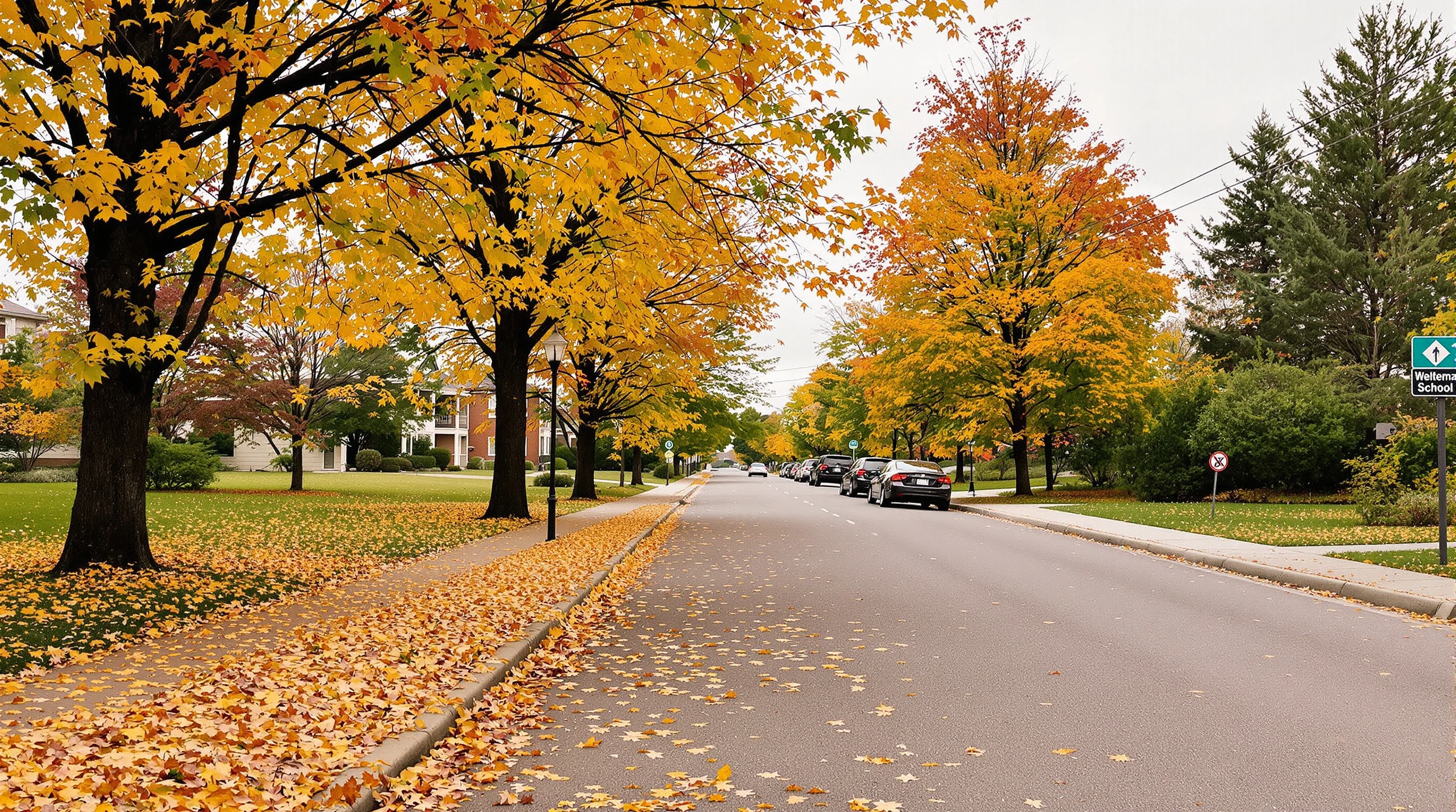 A view of a suburban street in Whitby, Ontario, featuring a residential area with autumn leaves on the ground and a speed camera pole near a school zone.