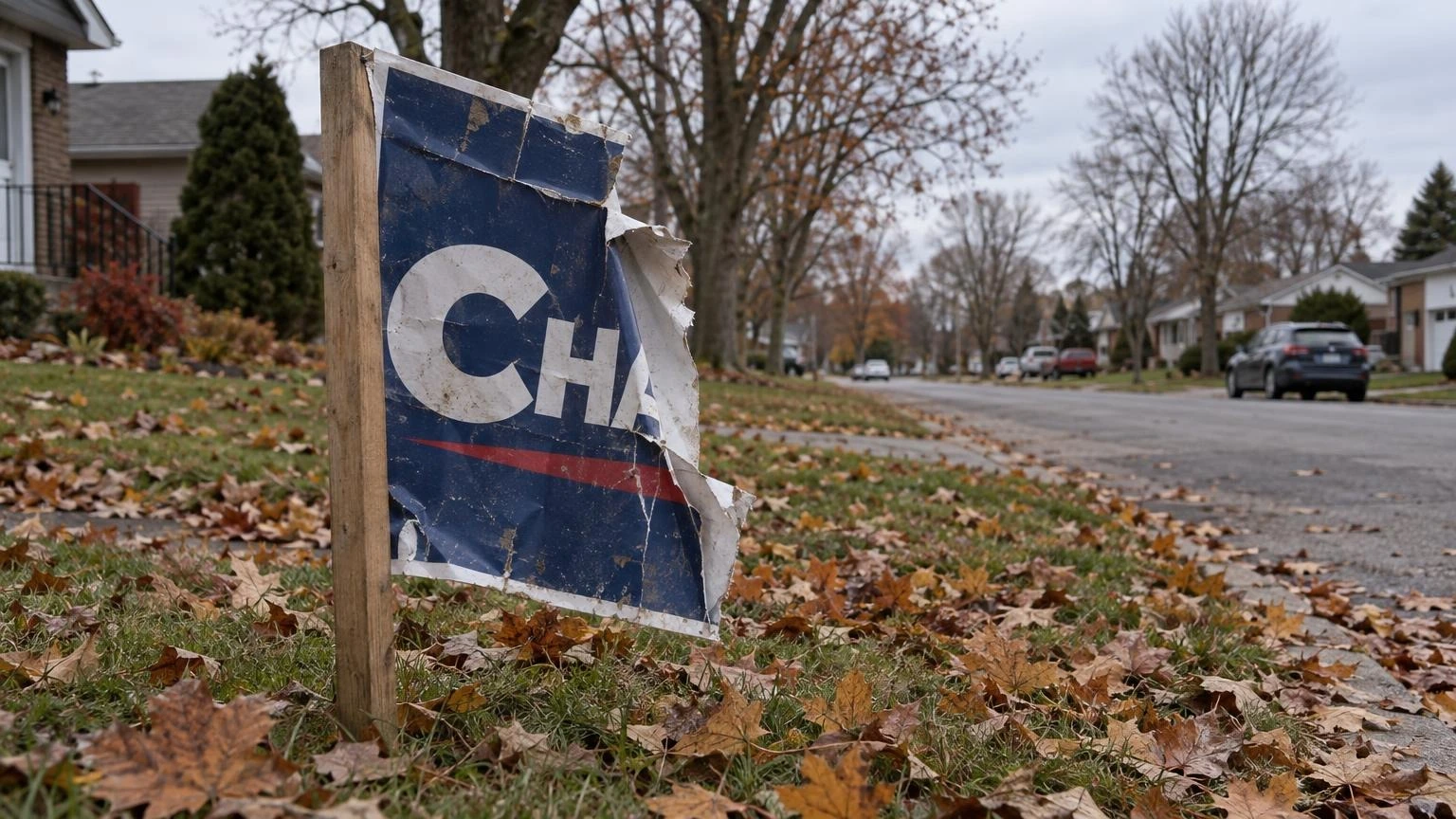A close-up of a damaged campaign sign on a grassy roadside in an Ontario suburb during autumn.