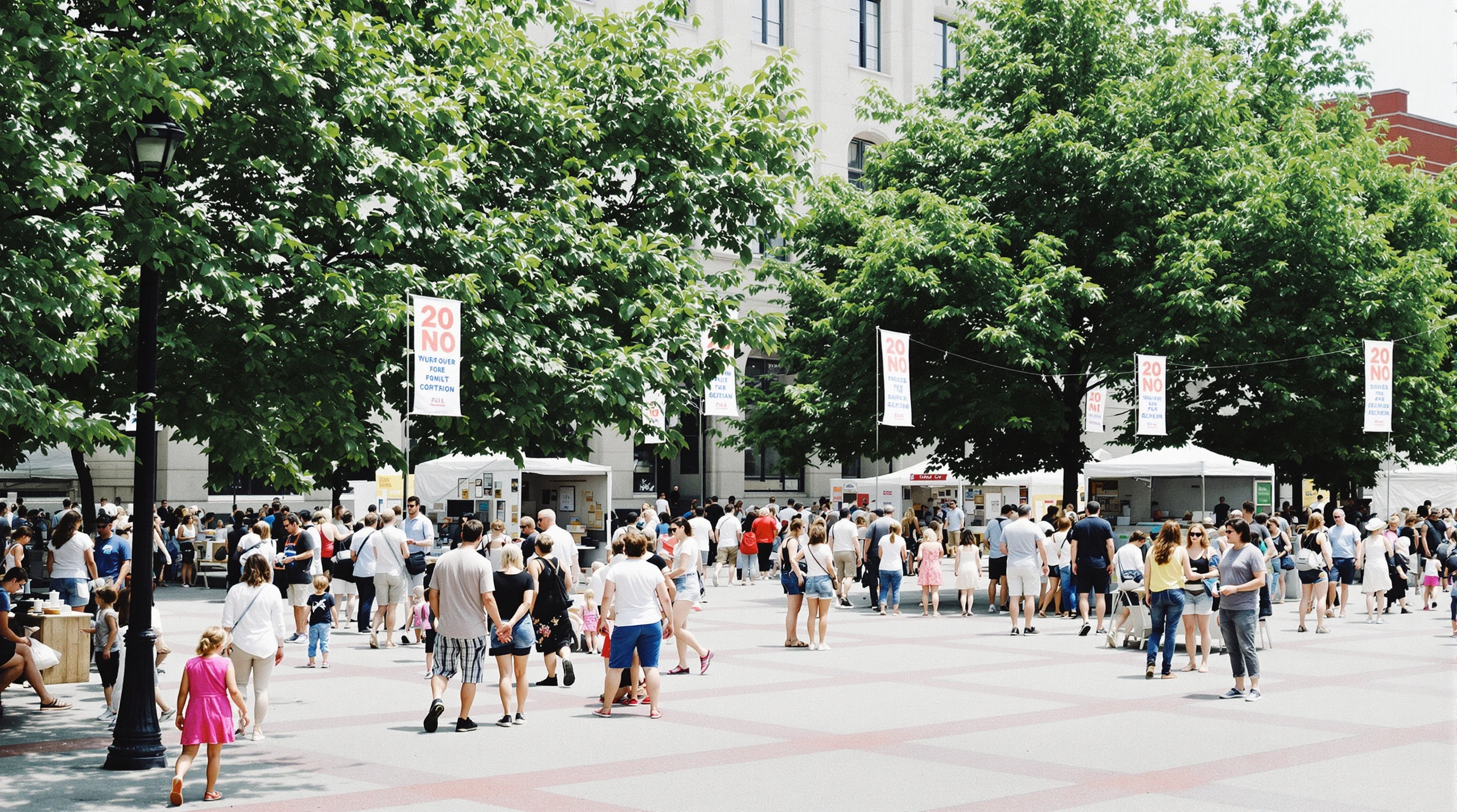 A summer community gathering in an Ottawa plaza, with residents, booths and green trees under a heritage building.