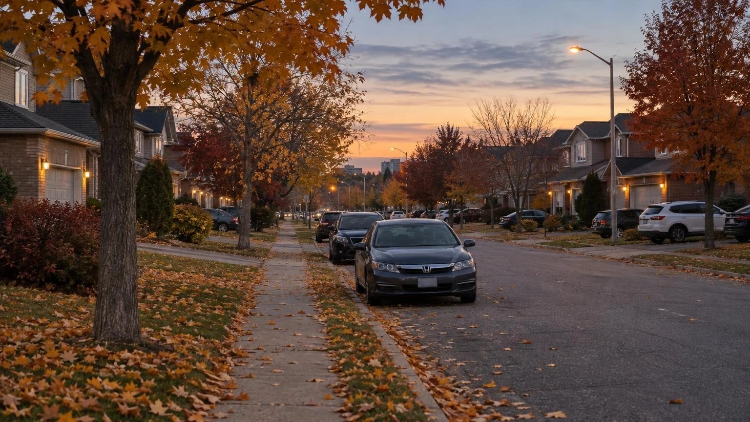 A view of a residential street in Durham Region during a crisp autumn evening, featuring parked cars and suburban homes under a fading sky.