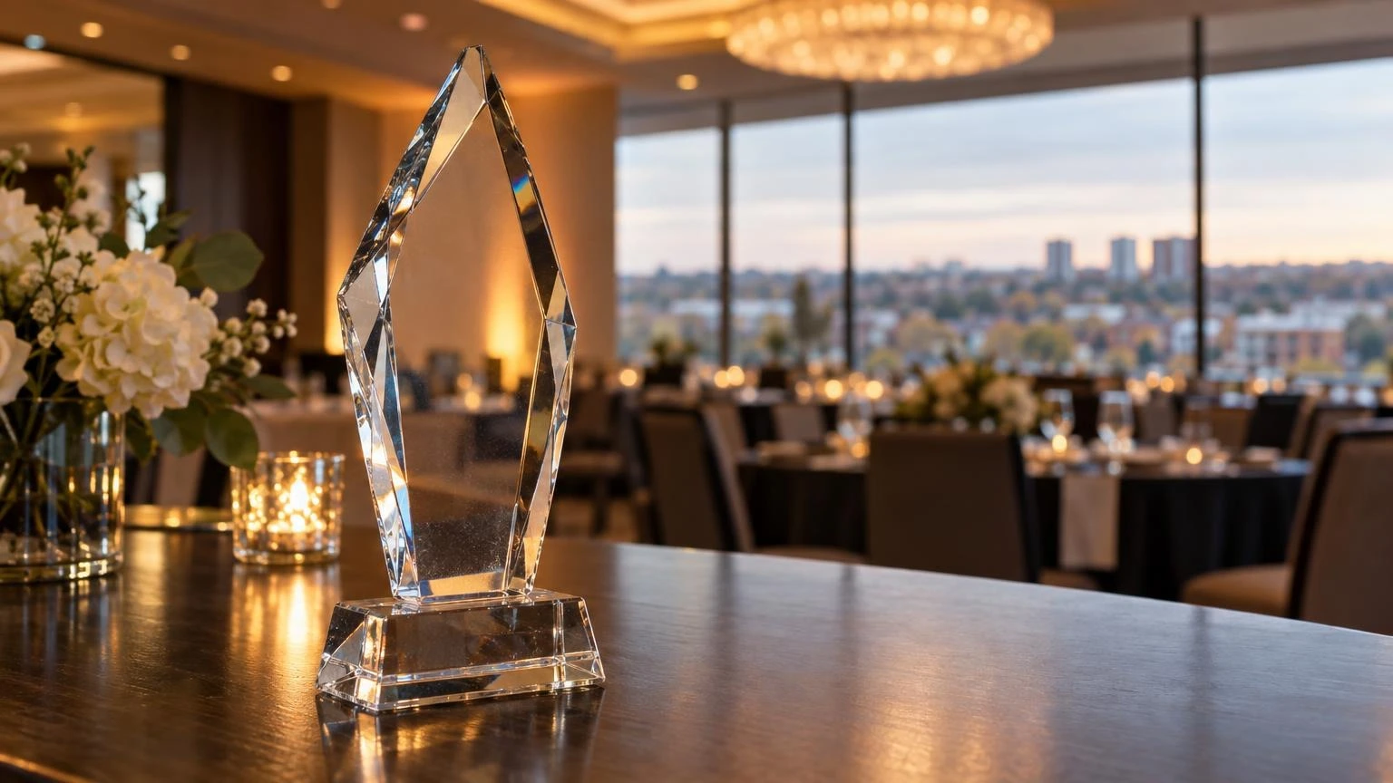 An awards ceremony setting in a professional hall with blurred warm lighting and a trophy on a table.