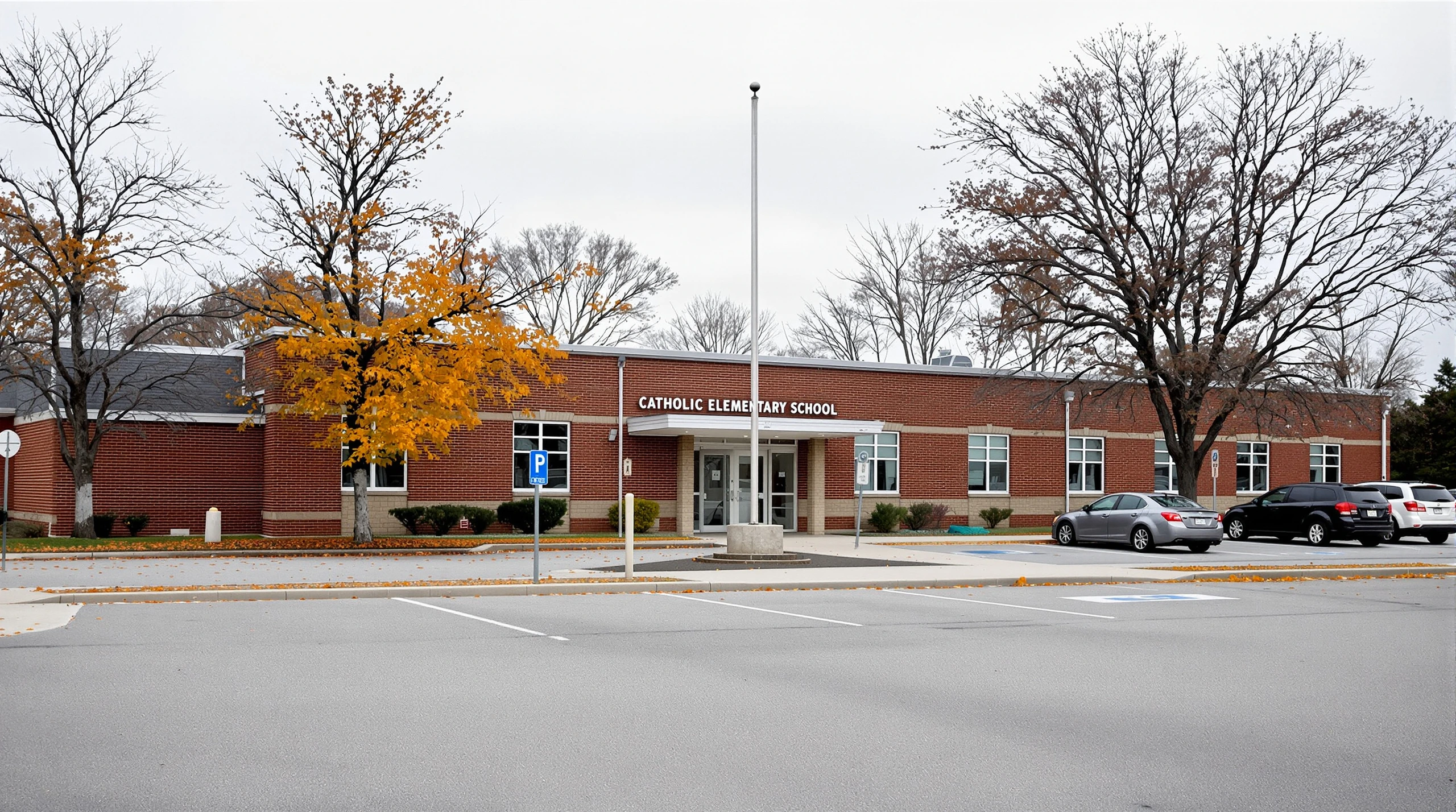 A suburban elementary school building with brick facade and autumn trees in a parking lot.