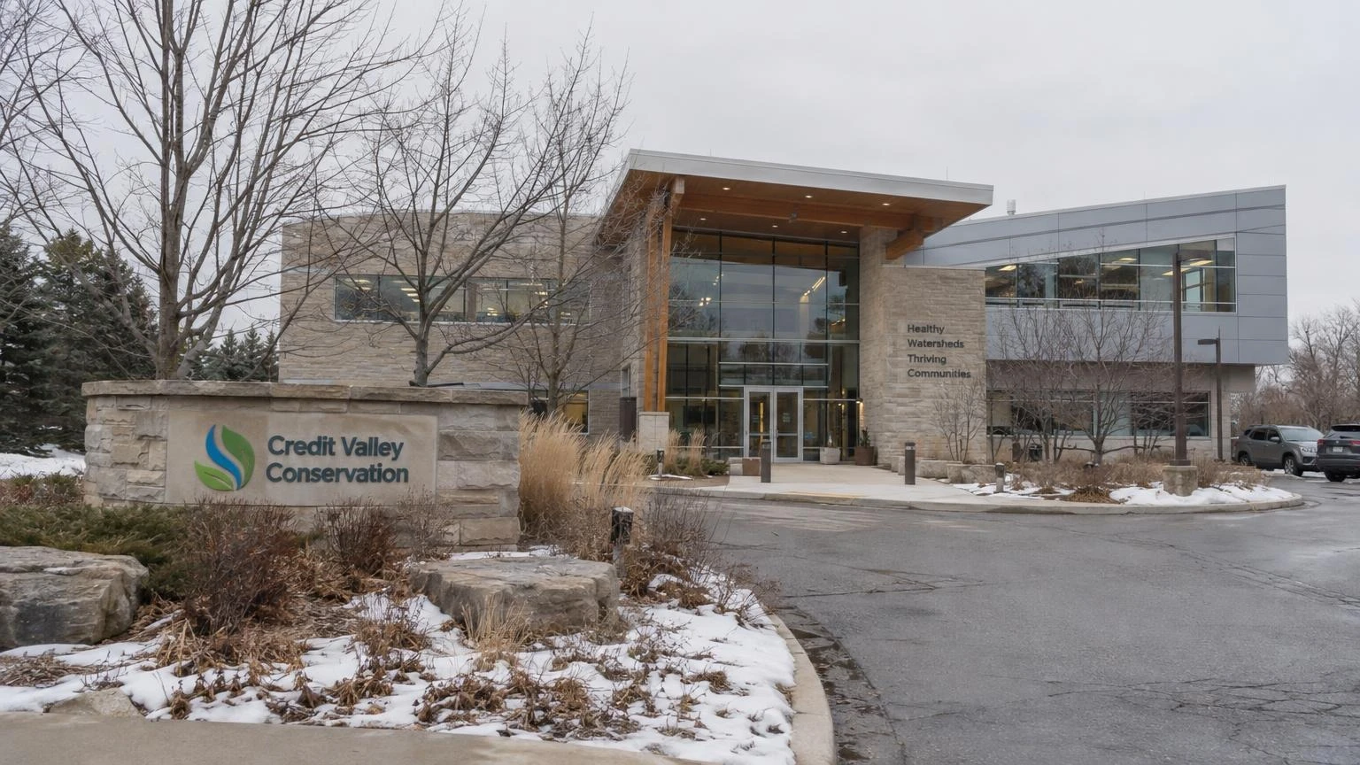 An exterior shot of the Credit Valley Conservation headquarters building on a cold winter day.