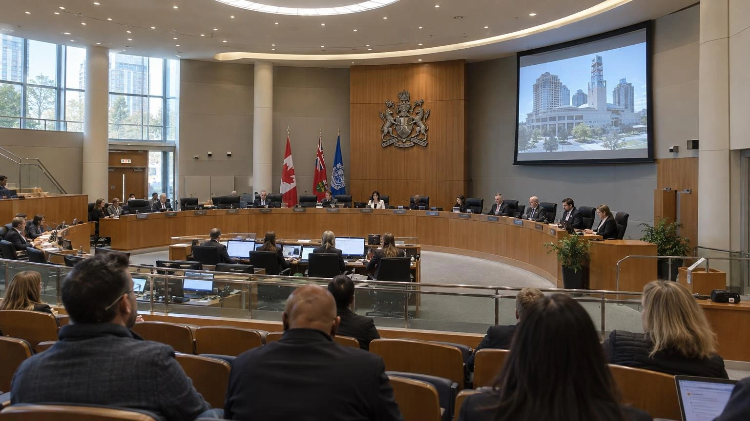 Mississauga City Council chamber with empty desks and official seating.