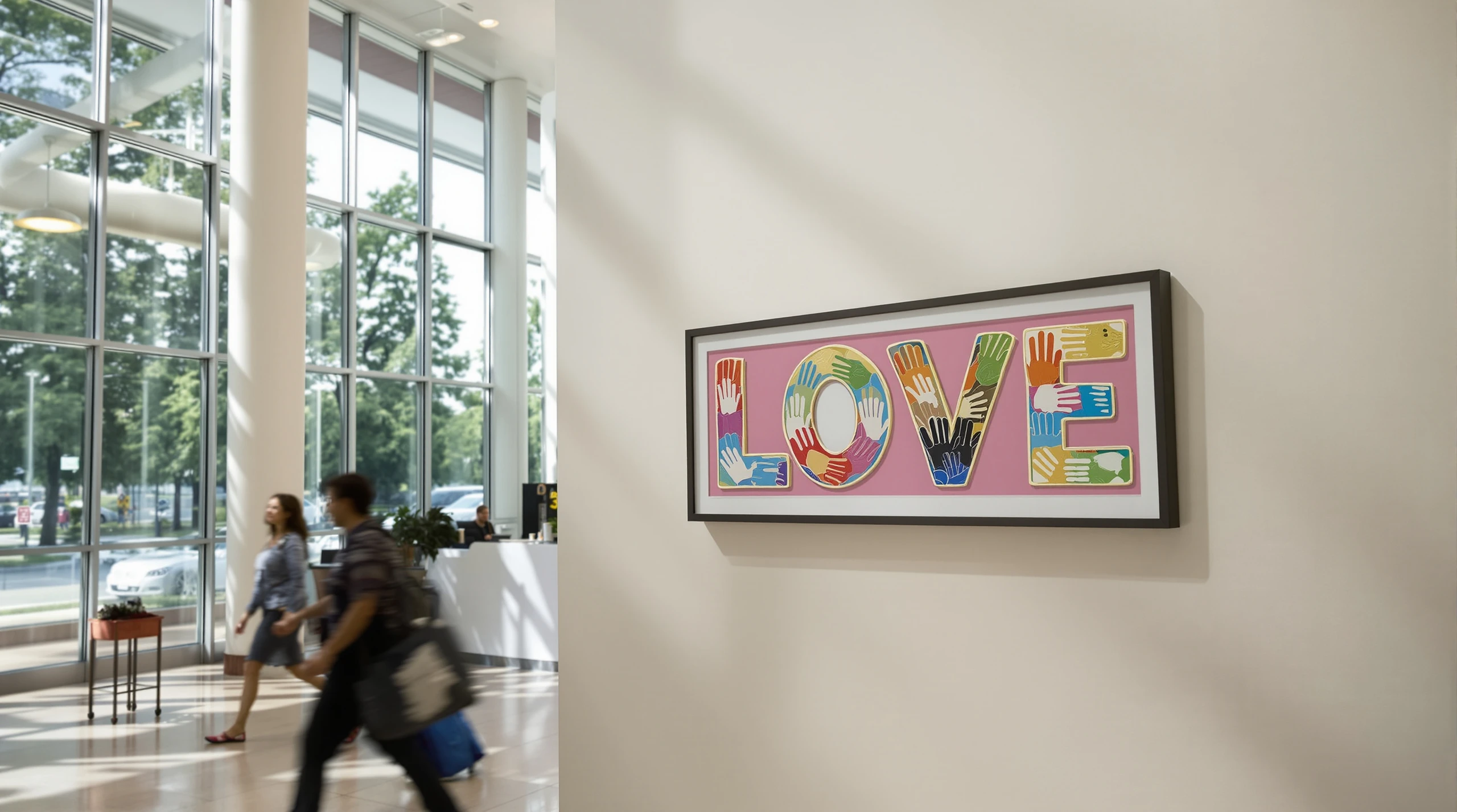 A colourful collage artwork spelling L.O.V.E. hangs in a bright city hall lobby with summer daylight.