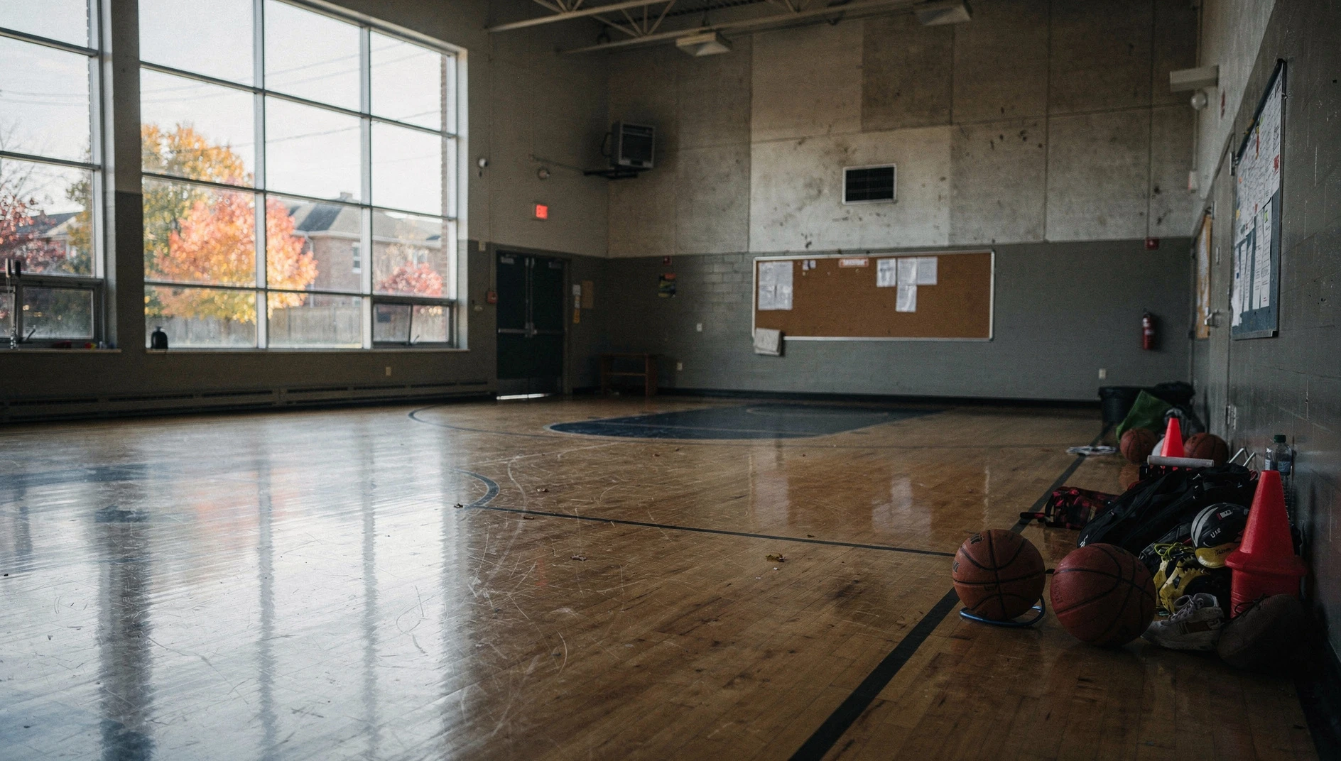 Sports equipment beside a court in a community recreation centre gym.