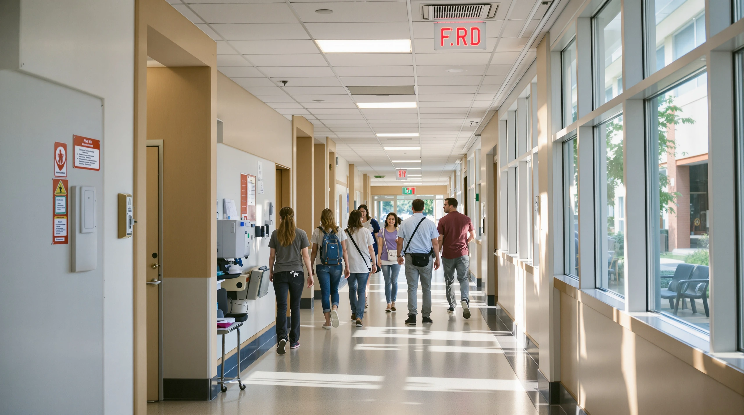 Teenage students walking with a mentor down a sunlit hospital corridor.