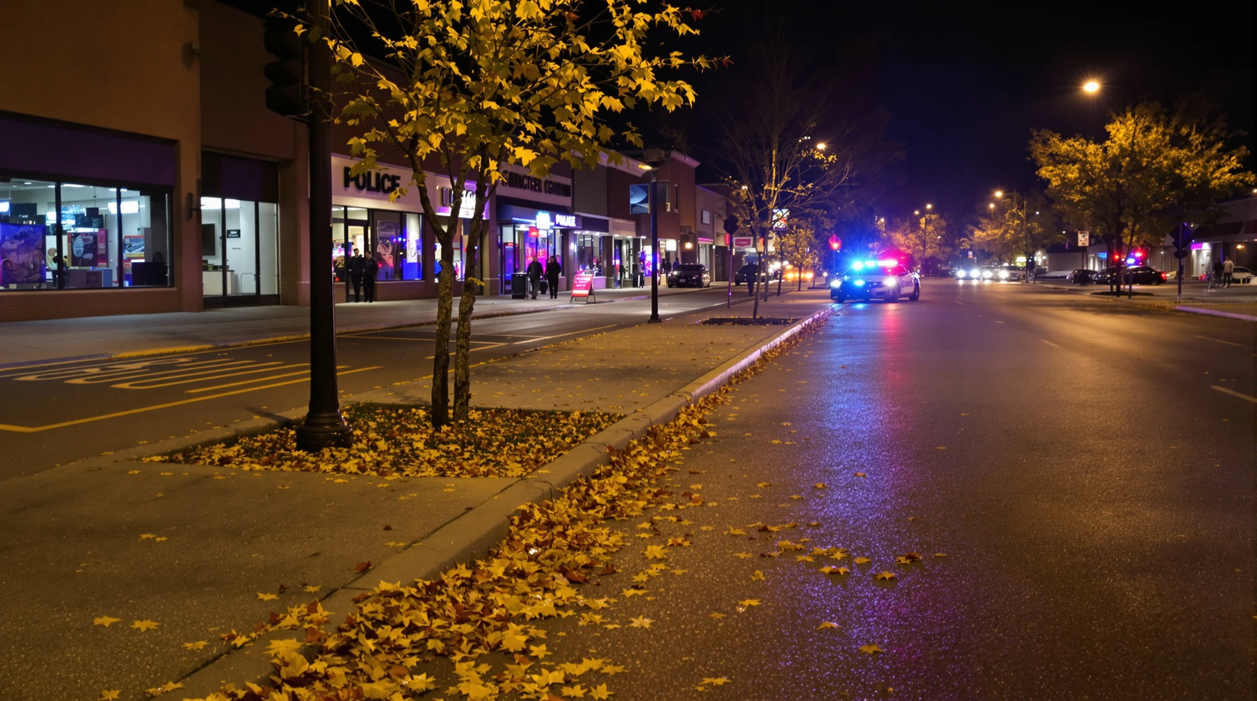 A rain-slicked suburban street at night lit by streetlights, autumn leaves at the curb, with distant emergency lights.
