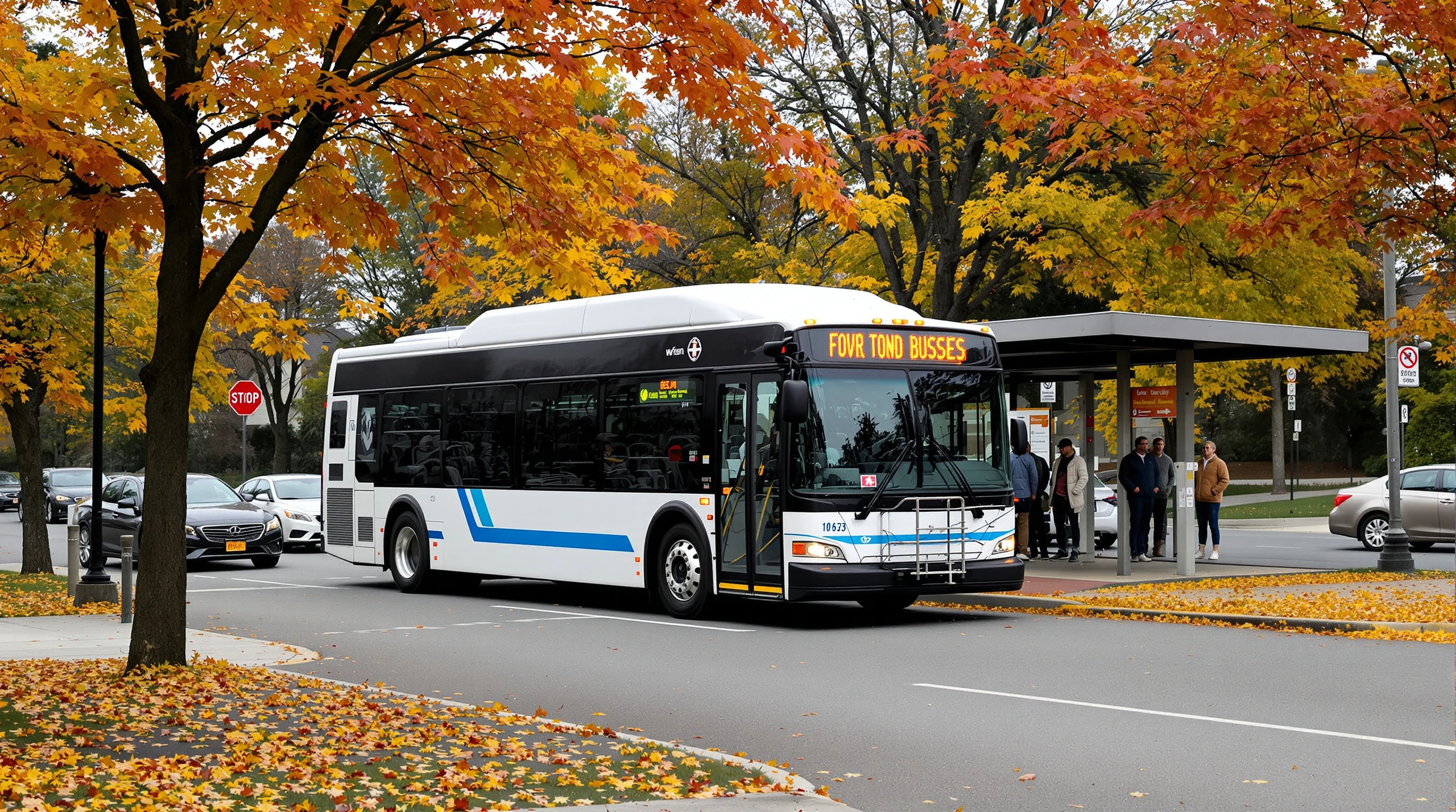 A transit bus at a suburban street stop surrounded by autumn trees.