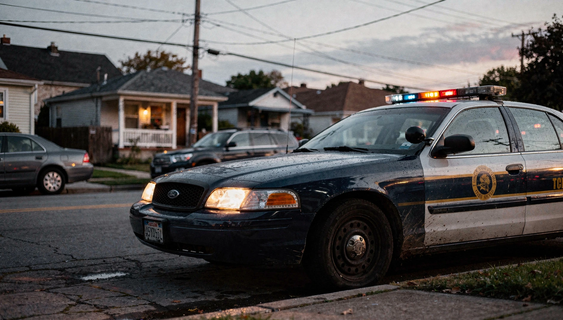 A residential street in Niagara Falls at dusk with a police cruiser parked near a suburban home.