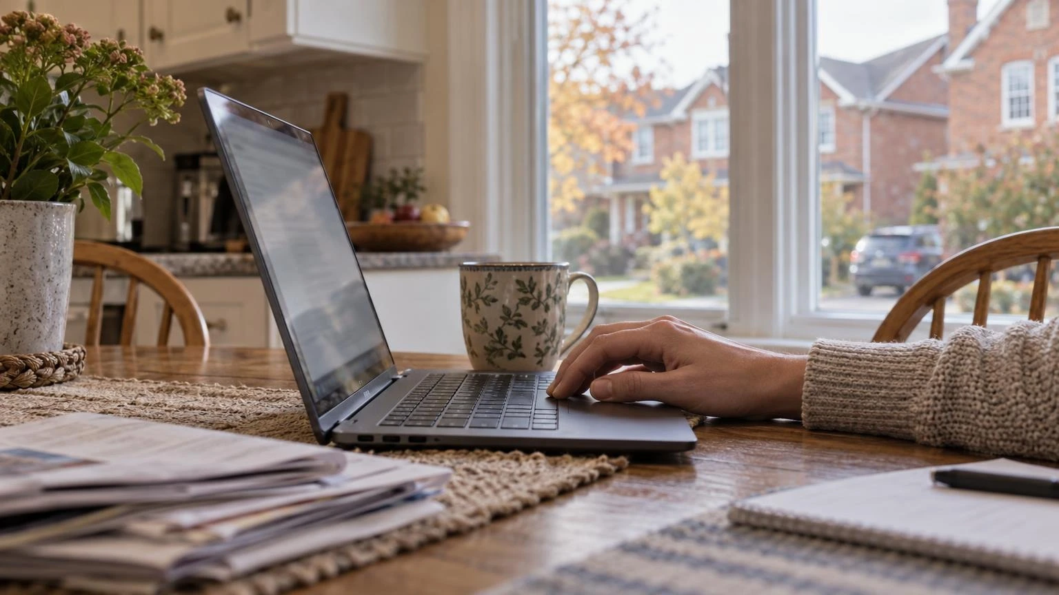 A hand on a laptop at a kitchen table, representing online voting in Pickering's municipal election.
