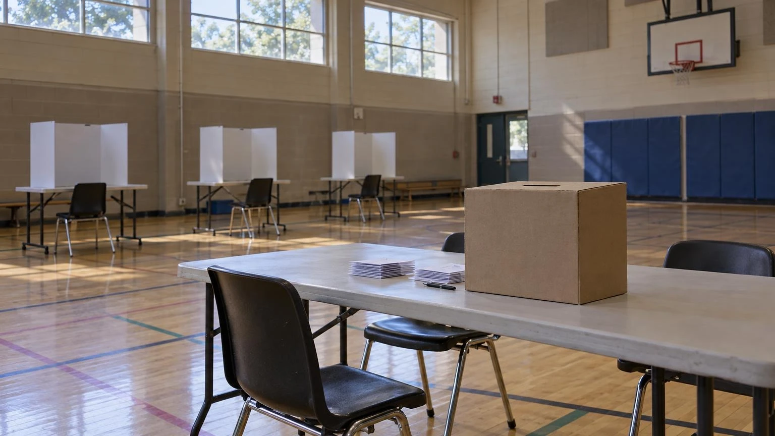 A plain ballot box and folded paper ballots on a table in a community centre gymnasium.
