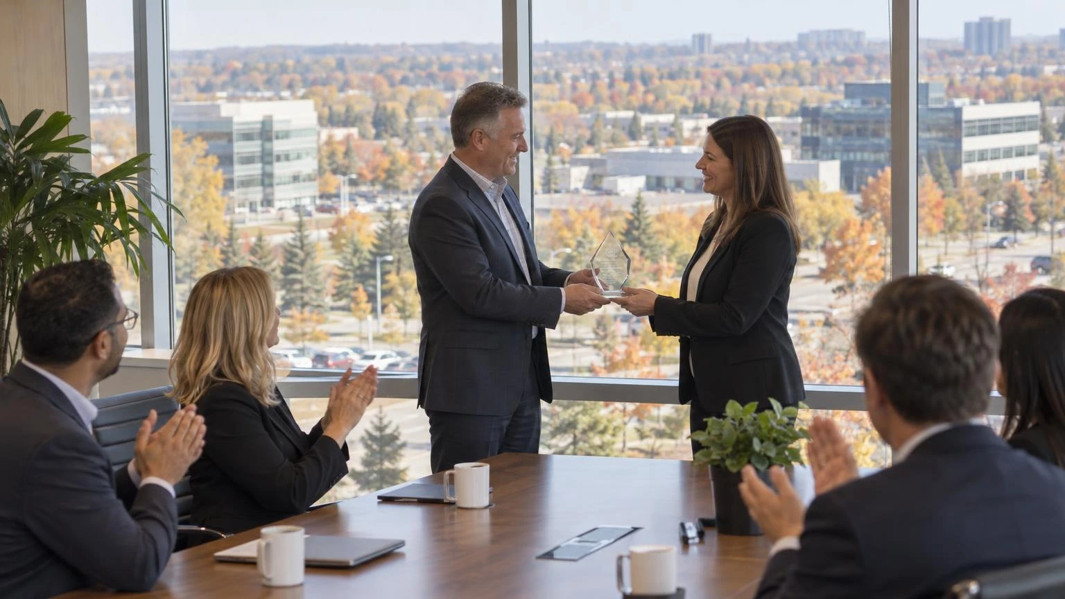 A professional office setting in Ontario with a view of a suburban business park through a window.