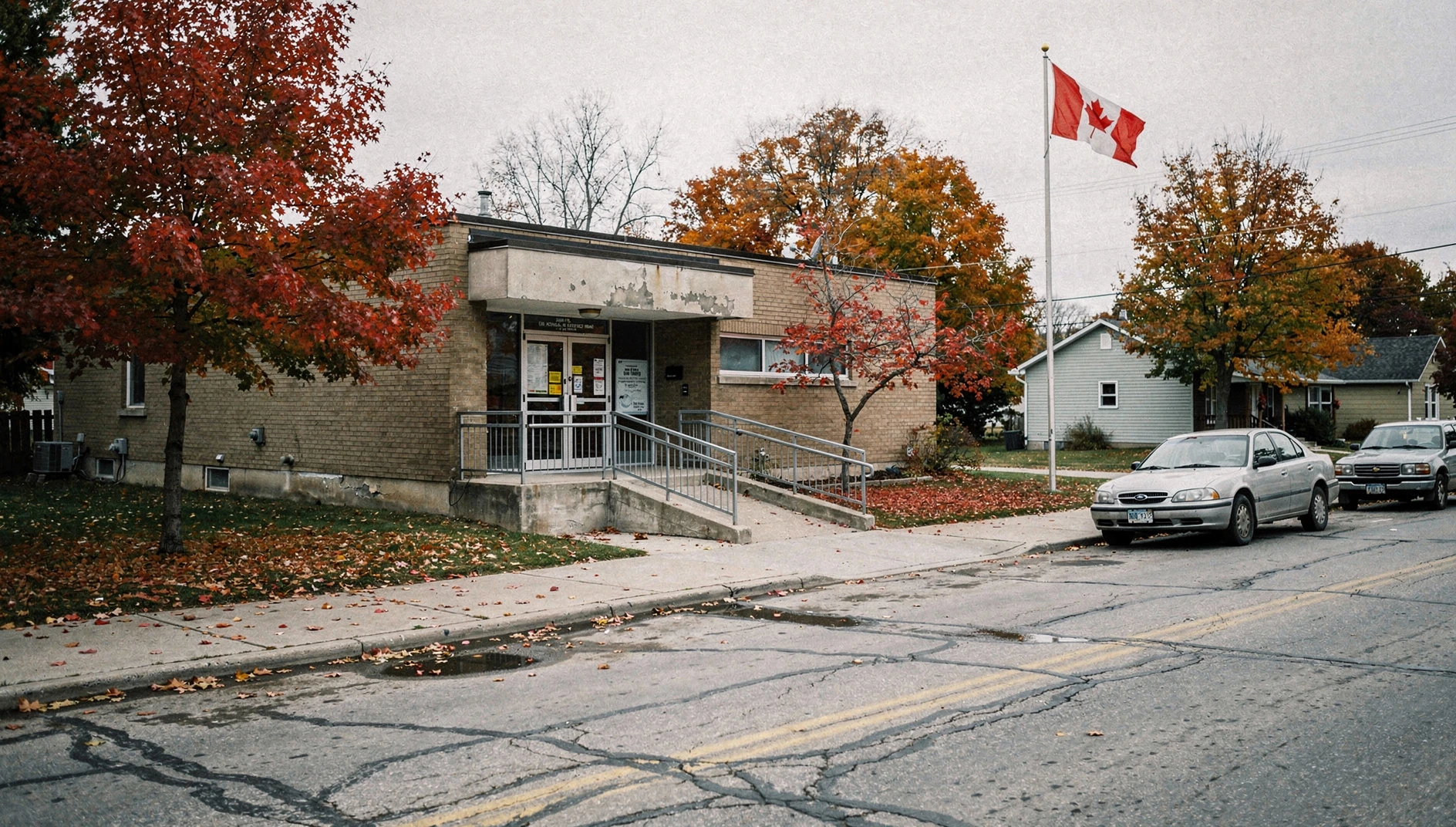A small-town municipal building exterior in autumn with orange and red foliage and parked cars.