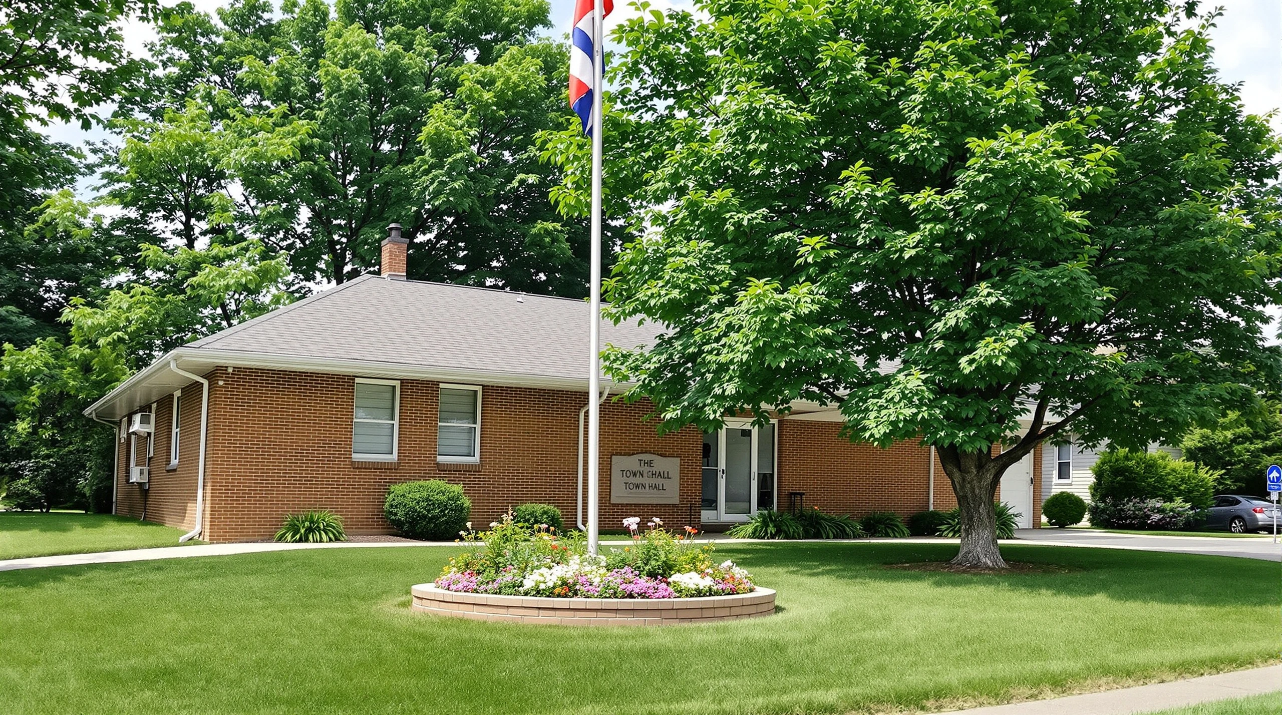 A flagpole in front of a brick municipal building on a summer morning, with trees, grass and a few pedestrians.
