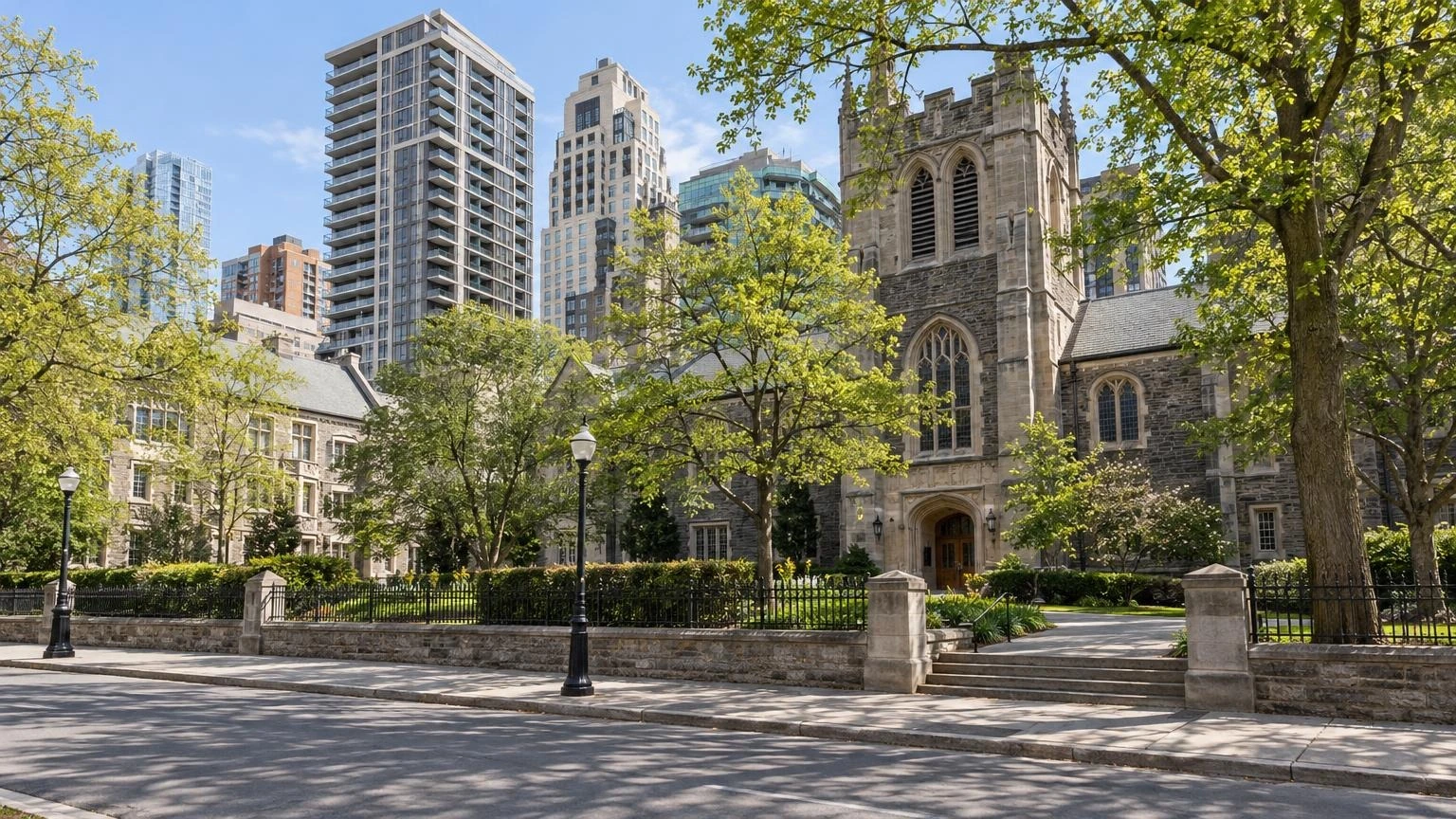 A view of the exterior of Victoria University in Toronto on a sunny spring day.