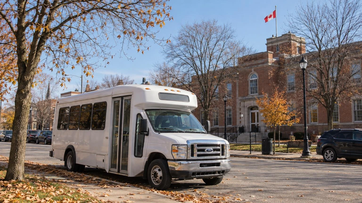 An illustration of a city bus parked on a suburban street in Ontario during a crisp autumn day.