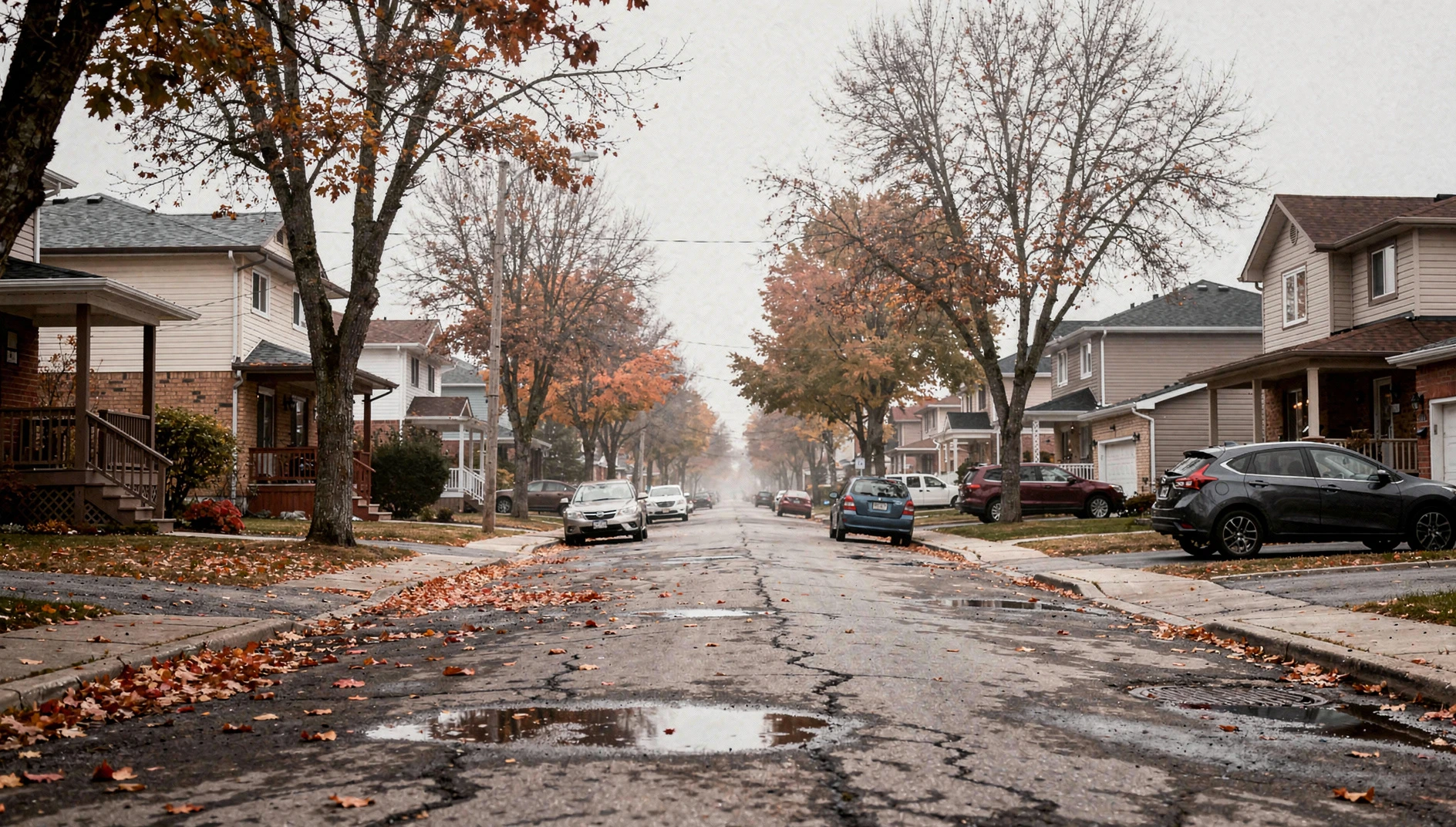 A suburban residential street in Niagara Falls, Ontario, during an overcast autumn afternoon.