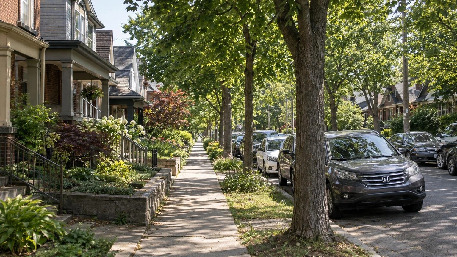 A view of a suburban residential street in the Beaches area of Toronto during a summer afternoon.