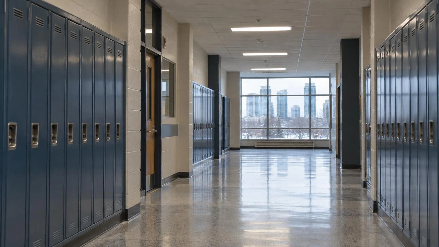 An empty high school hallway with rows of lockers.