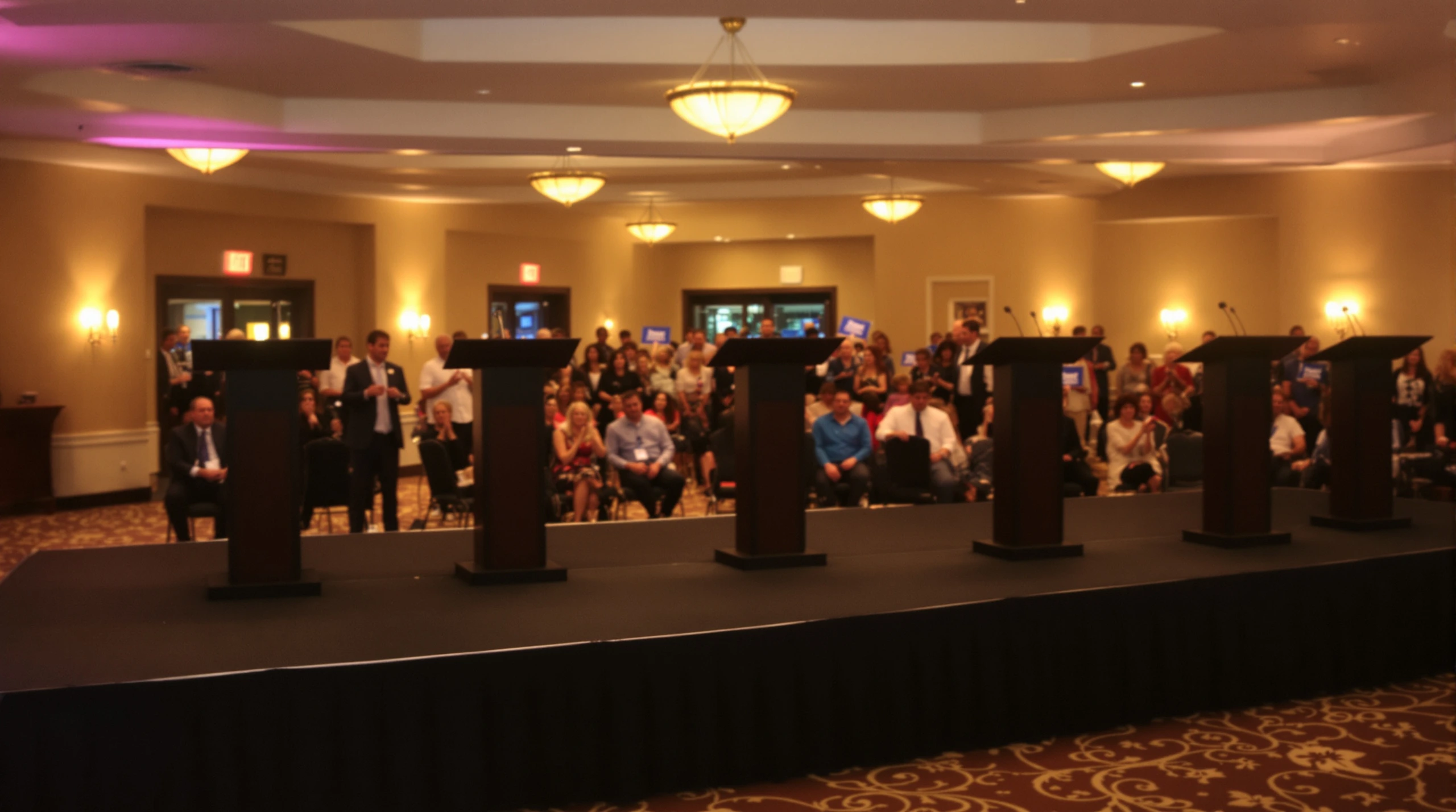 A debate stage with podiums and one empty chair at a Brampton community event venue.