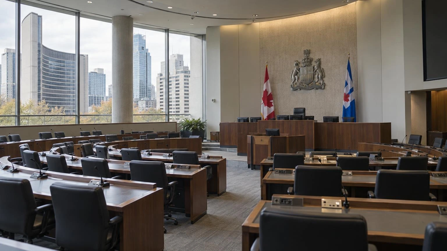 A wide shot of the Toronto City Hall council chamber with empty seats and desks.