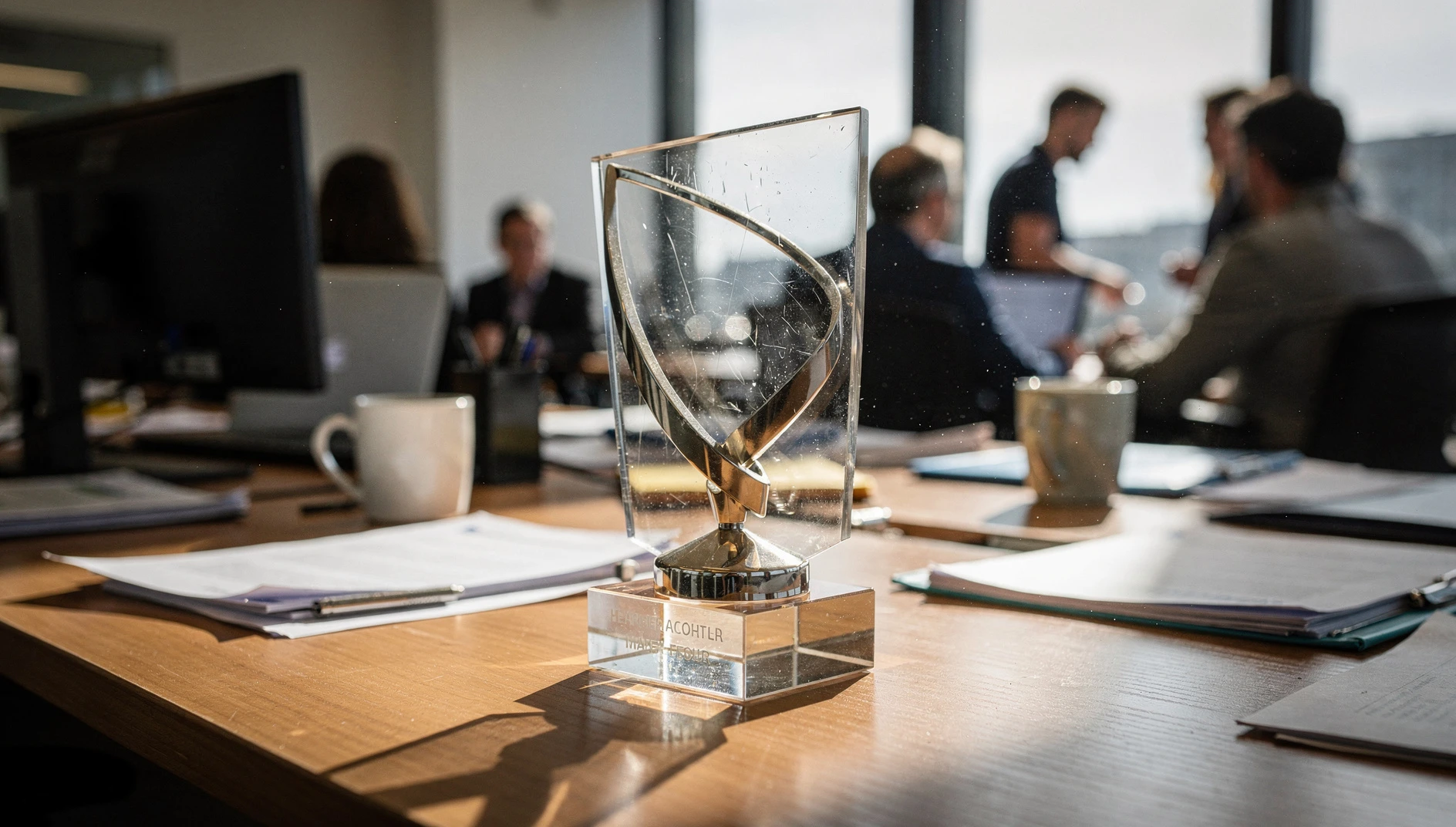 An office setting with professional documents and a trophy on a desk.