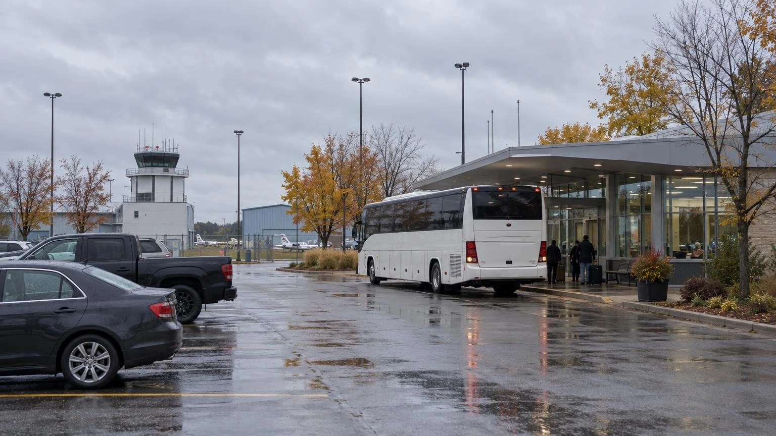 A highway coach parked outside a small regional airport terminal on an autumn morning.