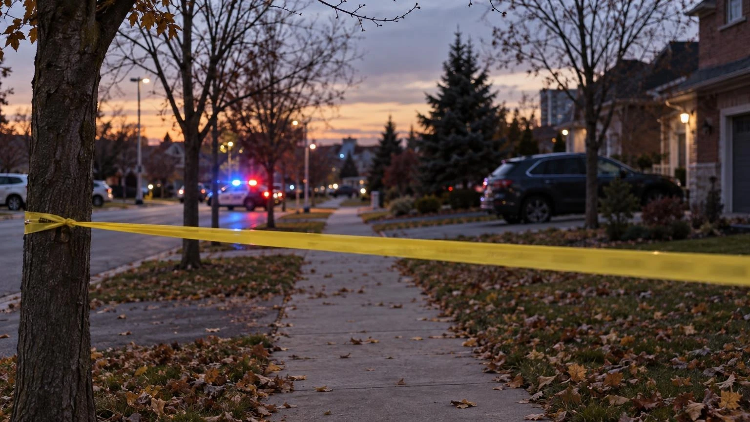 A close-up of yellow police tape stretched across a sidewalk in a residential neighbourhood at dusk.