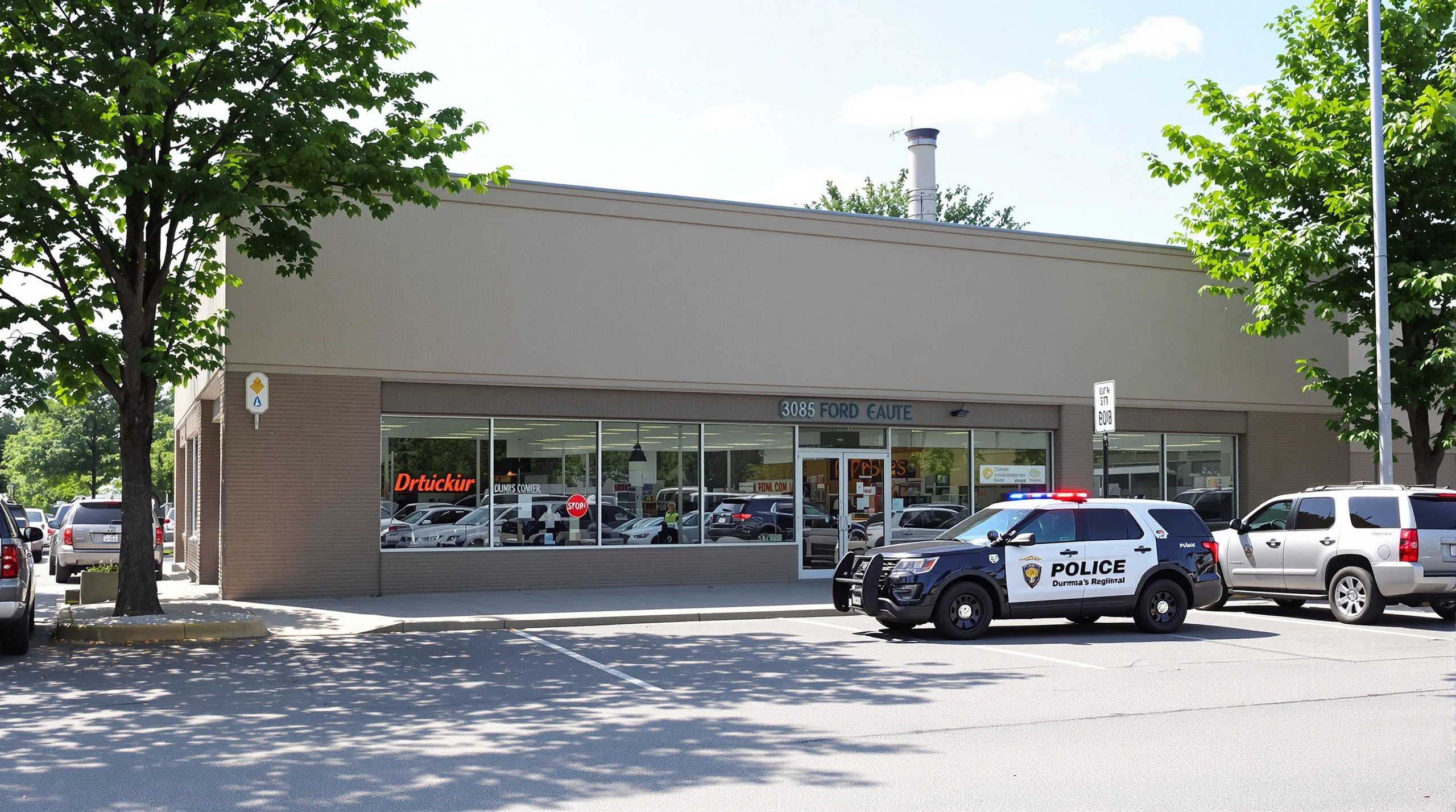 A police cruiser parked outside a suburban commercial plaza on a sunny June day.