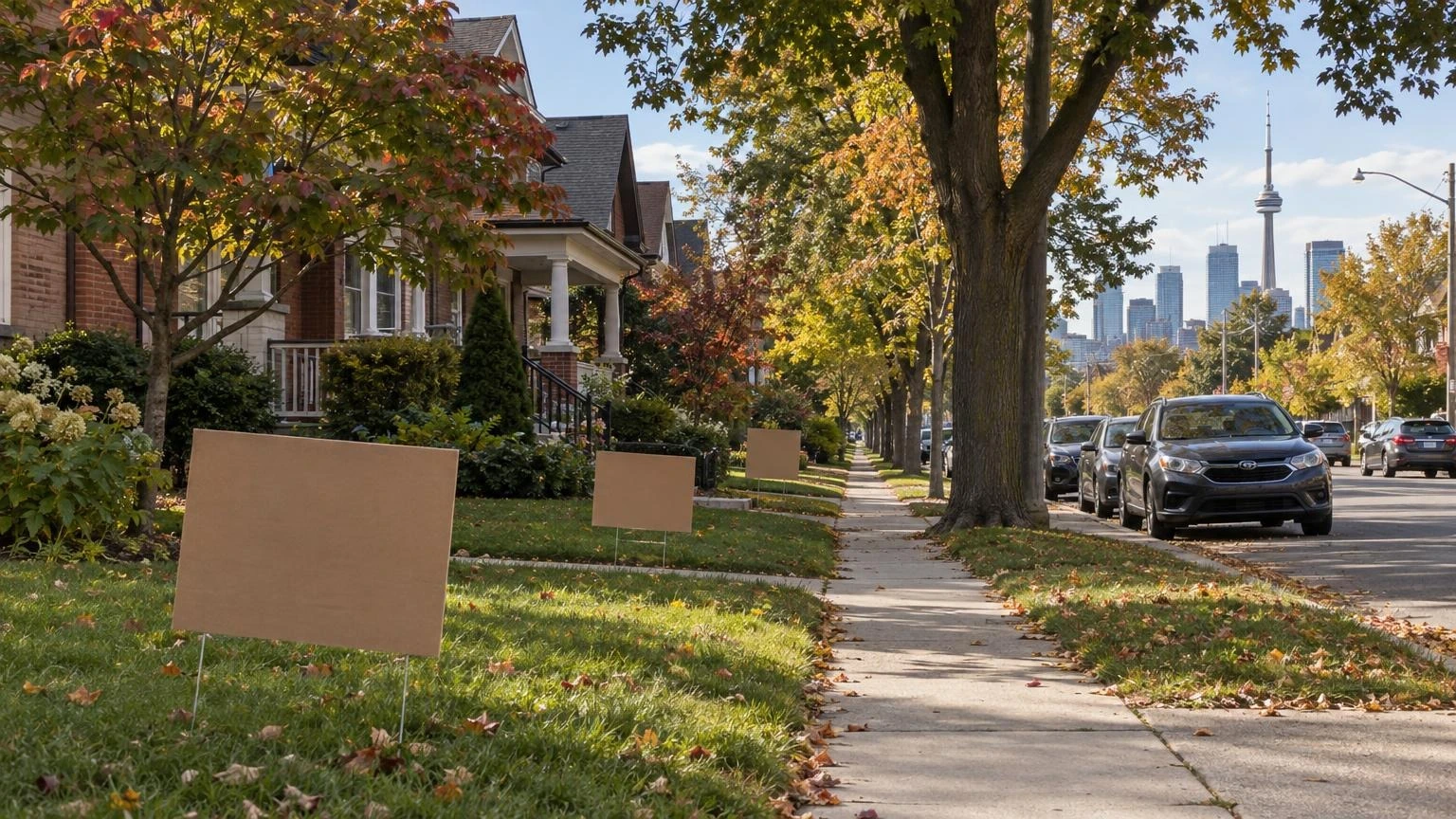 Blank election signs on suburban lawns in a residential Toronto neighbourhood.