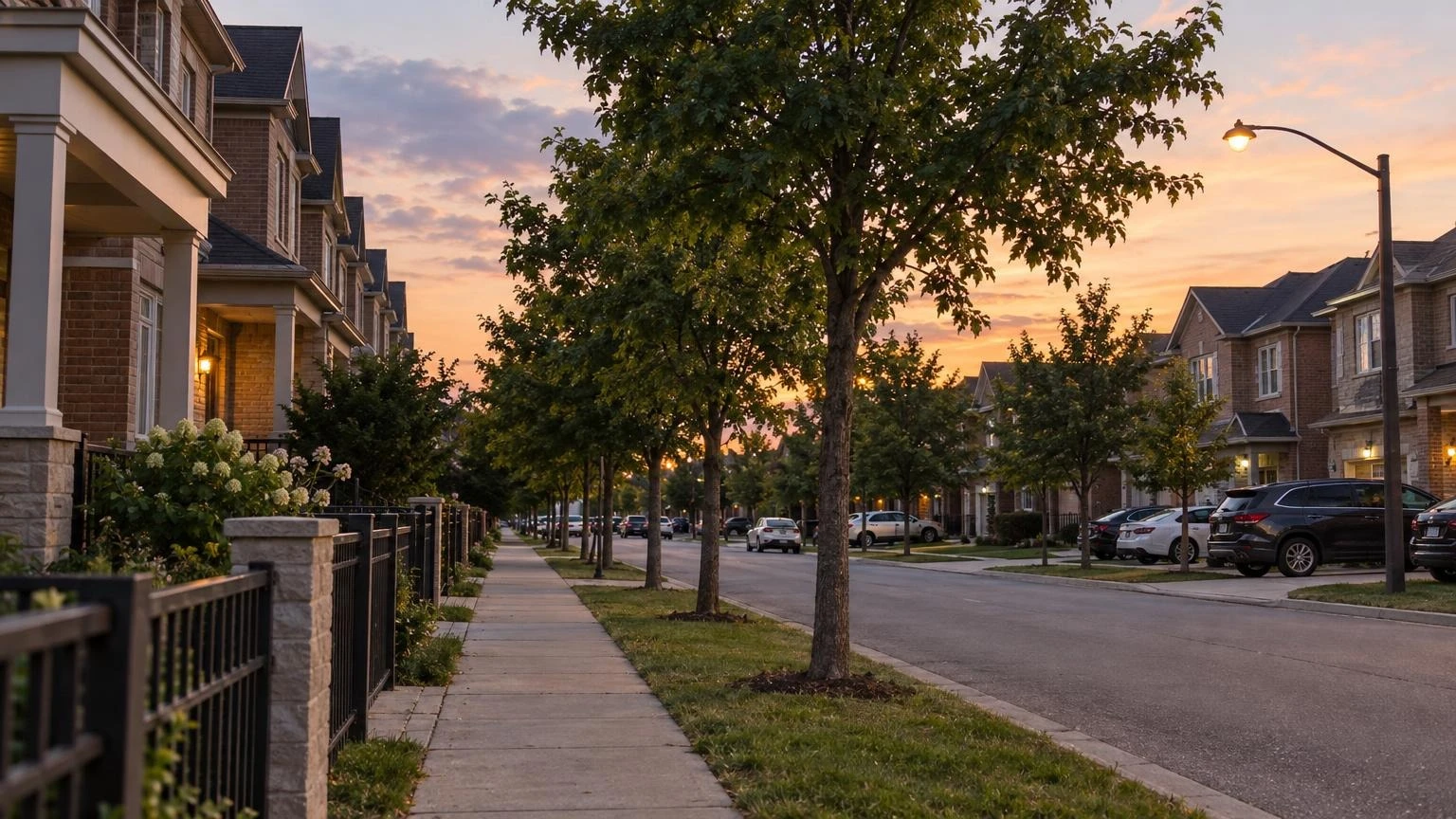 Empty residential sidewalk at dusk in a suburban Brampton neighbourhood