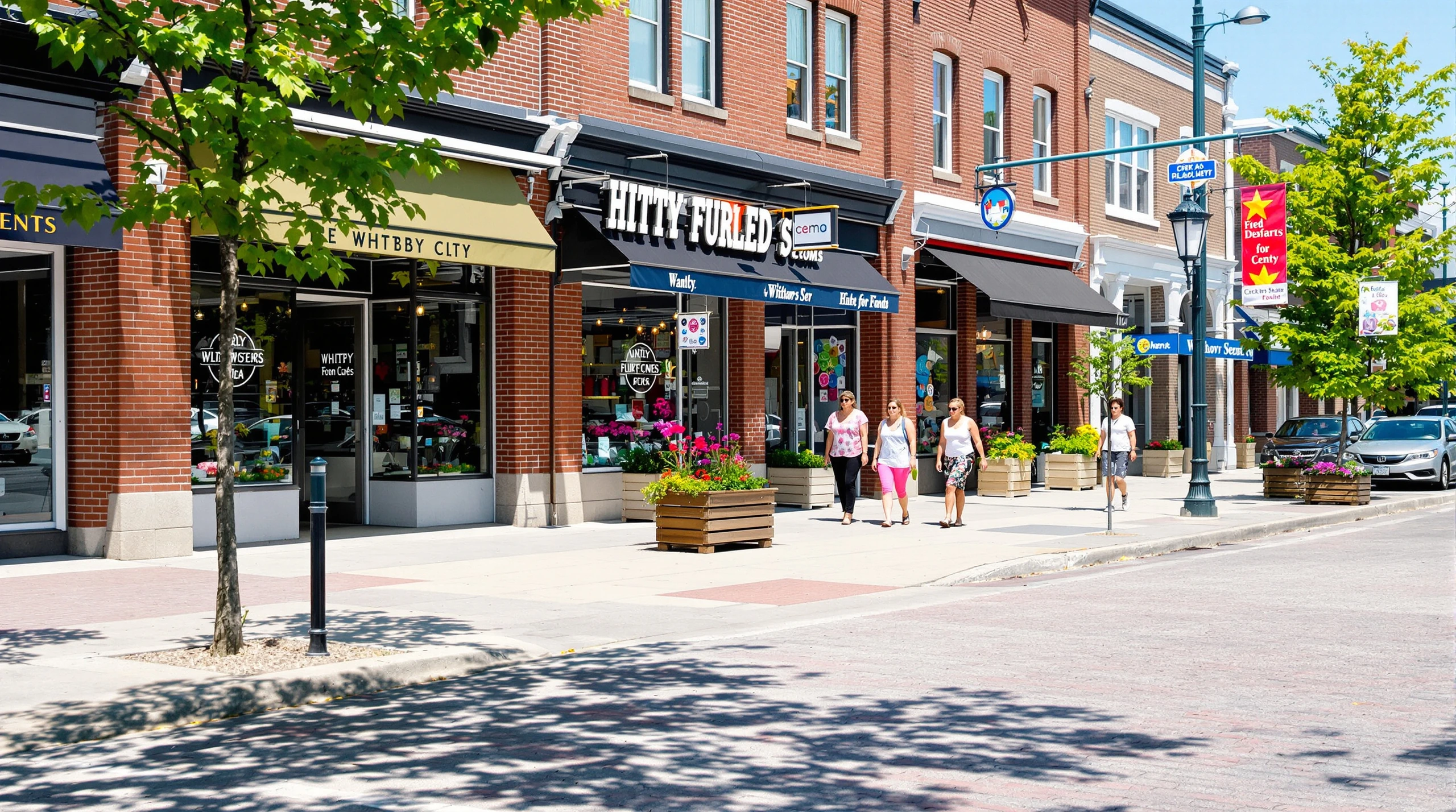 Illustration of a sunny downtown street with brick storefronts, planters and pedestrians walking.