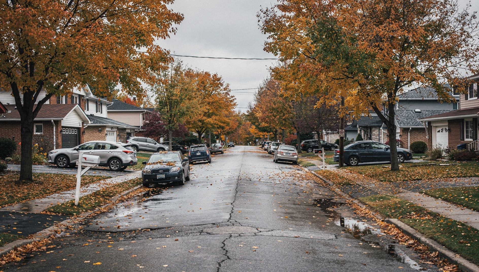 A residential street in Fonthill, Ontario, during a cloudy autumn day with fallen leaves on the ground.