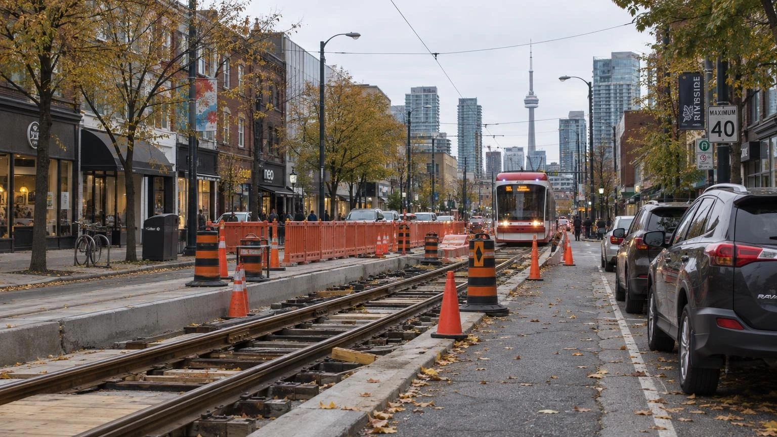 A closed-off streetcar lane on a Toronto avenue with exposed track under repair, traffic cones and barriers around the work area, autumn leaves on the pavement.