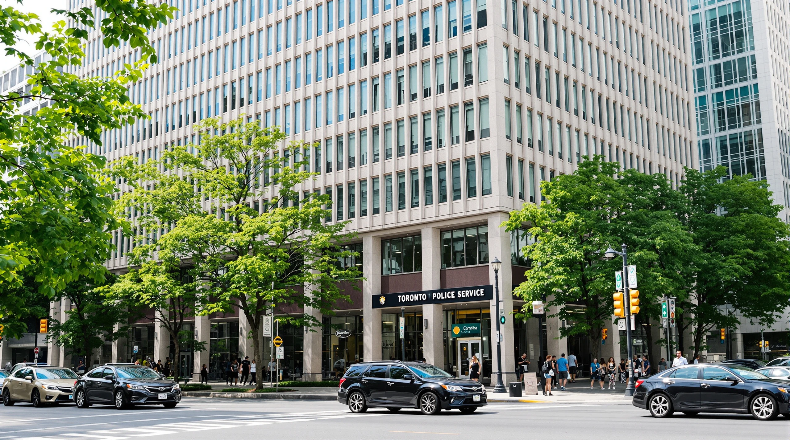 Toronto Police Service headquarters building on a downtown Toronto street in summer.