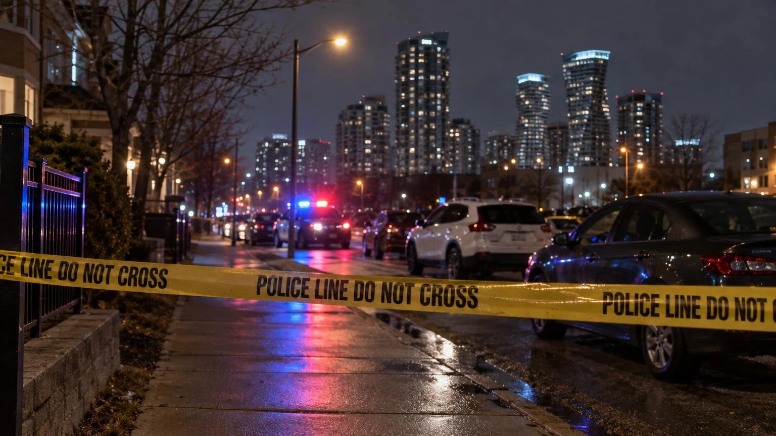 A quiet residential street in Mississauga at night with a police cruiser's lights reflecting on the asphalt.
