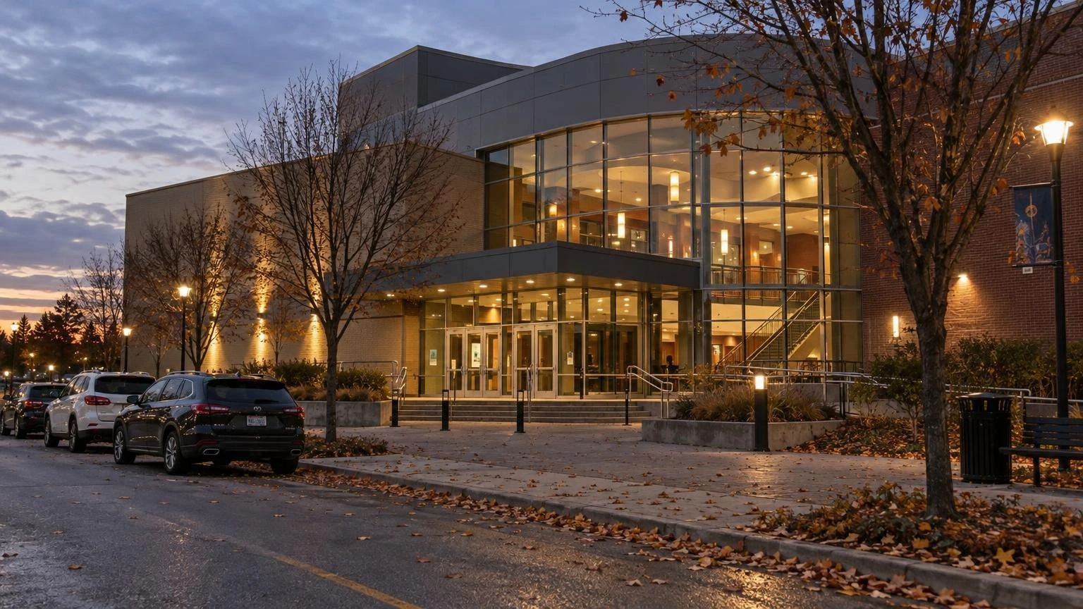 A modern community building exterior at dusk with soft interior lighting.