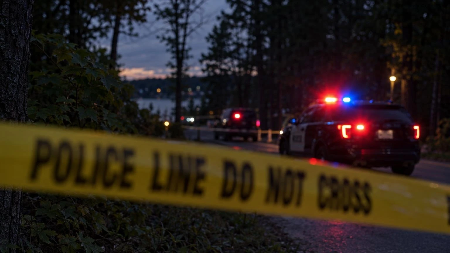 A close-up of yellow police tape stretched across a dark, wooded area at dusk, with blurred red and blue emergency lights in the background.