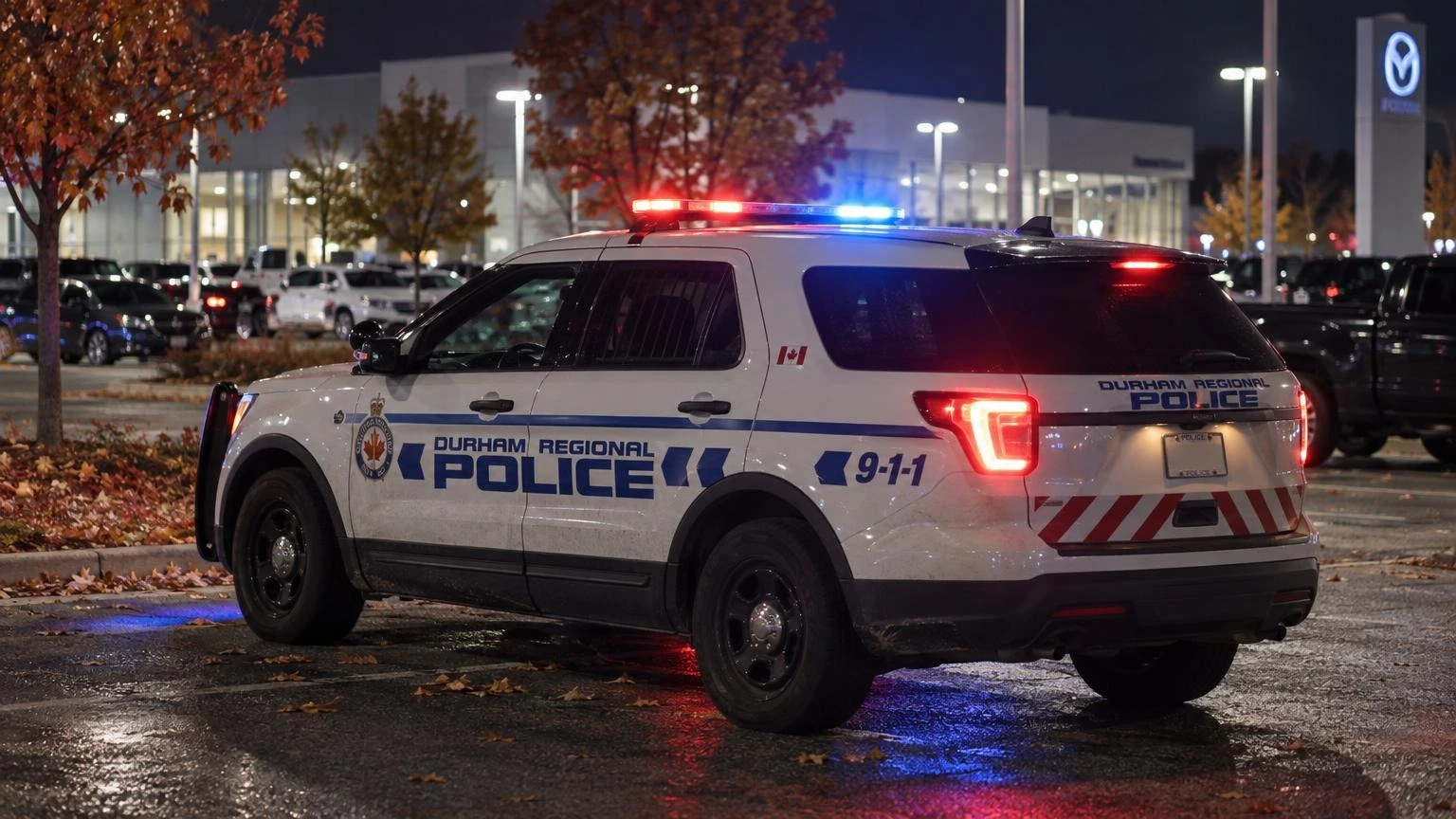 A police cruiser parked at night near a commercial building in a suburban area.