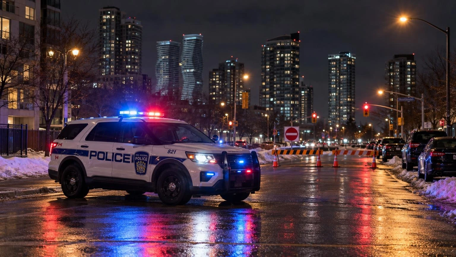 A close-up of a police cruiser's flashing lights at night on a suburban road in Mississauga.