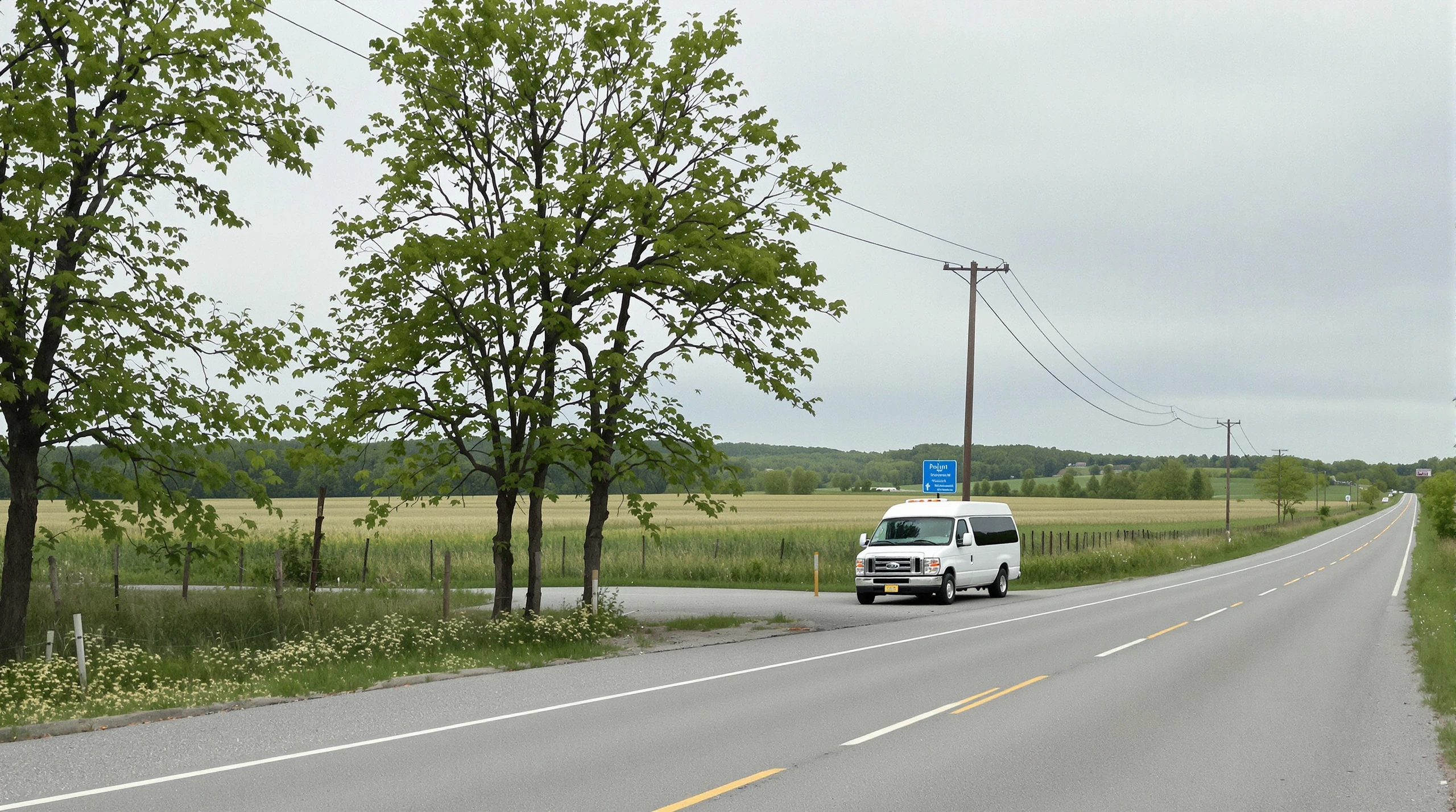 A passenger shuttle van parked on a rural road with green trees and farmland near Bolton, Ontario.