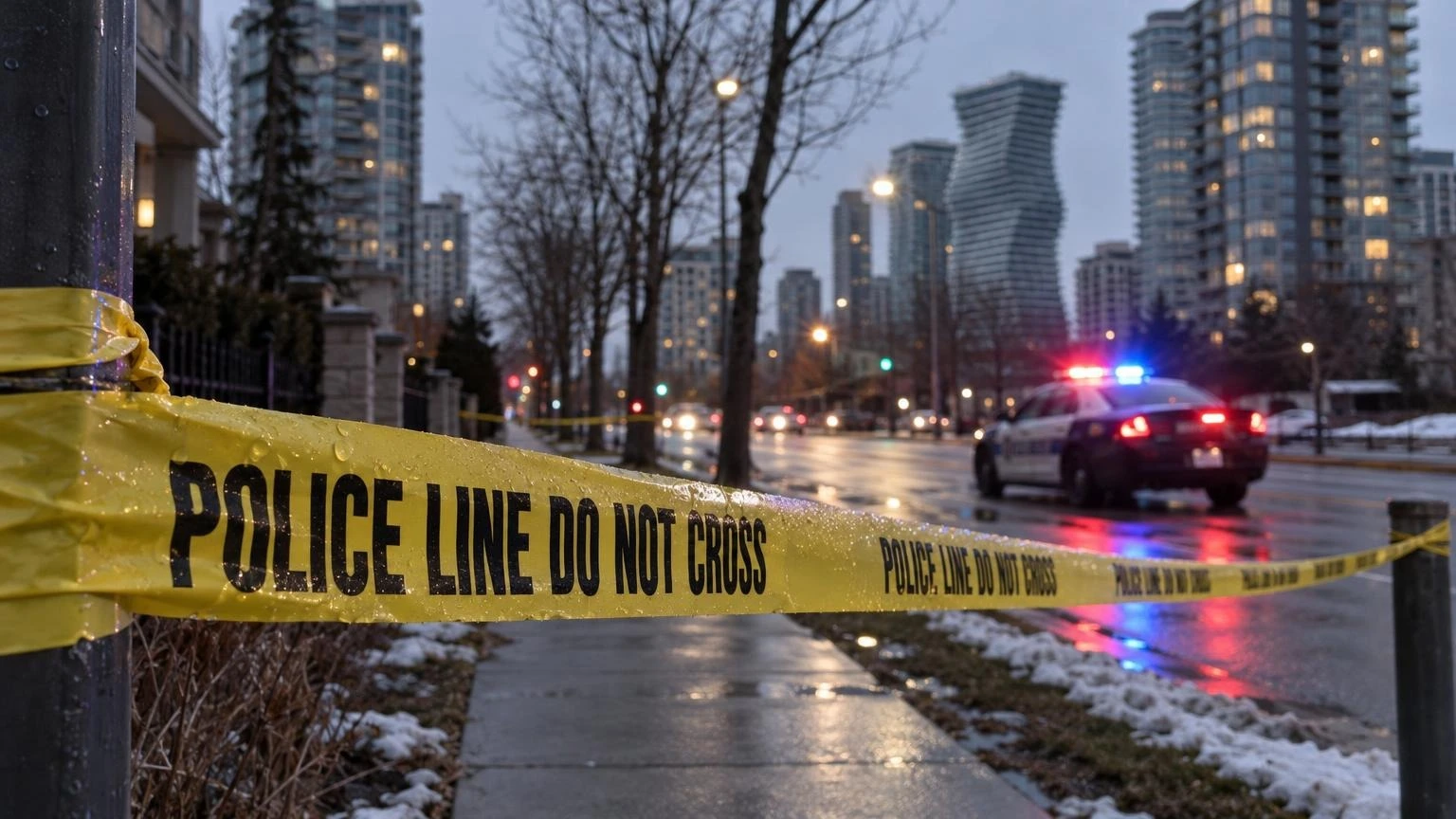 A close-up of yellow police tape stretched across a sidewalk at dusk, with blurred red and blue emergency lights in the background.
