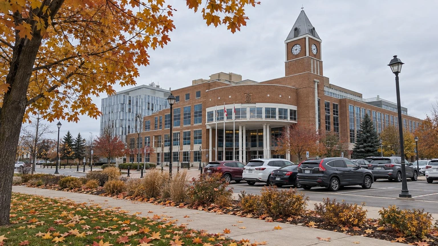 An exterior view of Brampton City Hall during a cloudy autumn afternoon.